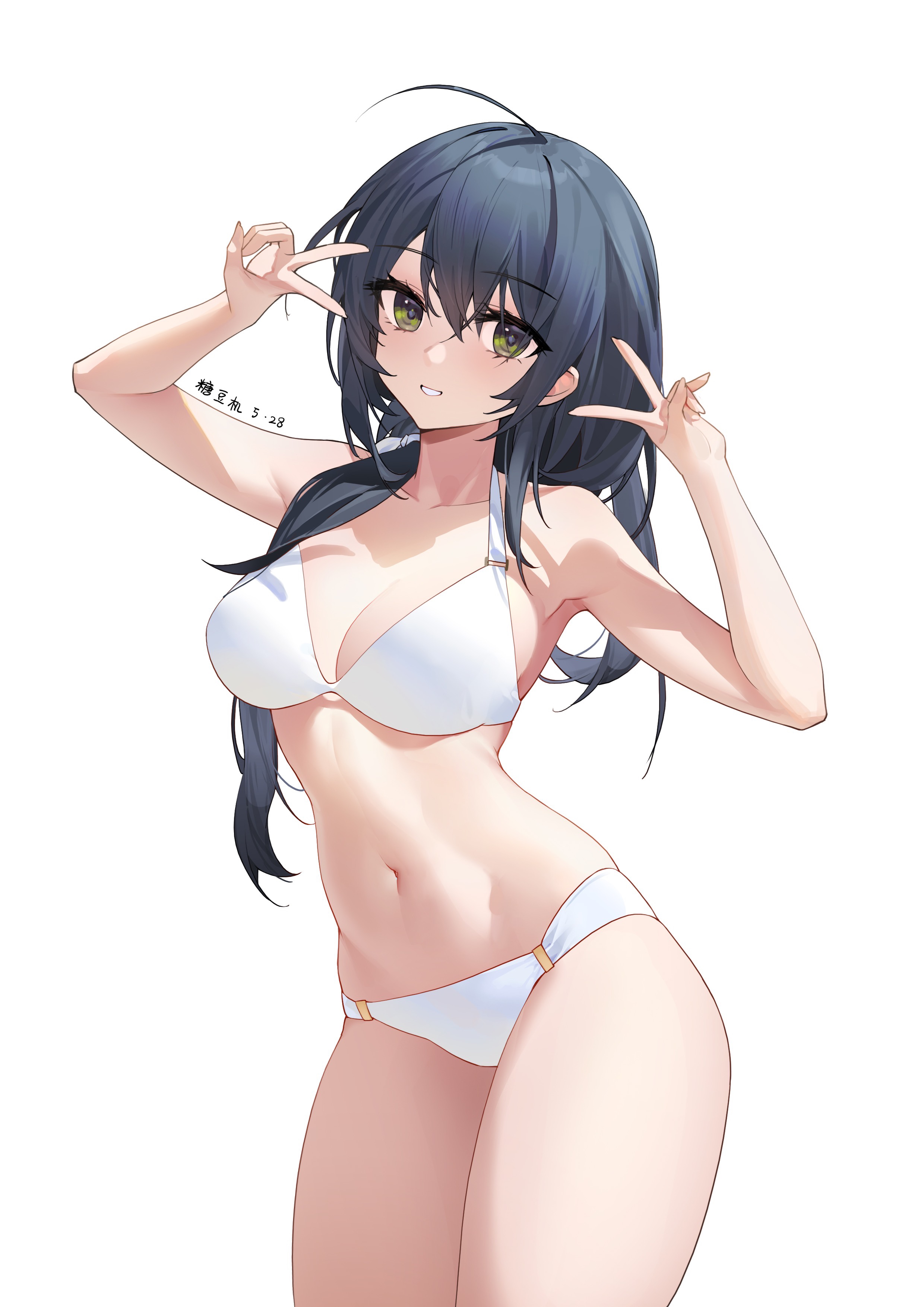 absurdres, ahoge, azur lane, bangs, bikini, black hair, breasts, cowboy shot, double v, eyebrows visible through hair, female, green eyes, grin, hair between eyes, highres, indomitable (azur lane), light blush, long hair, looking at viewer, medium breasts, navel, sidelocks, simple background, smile, solo, stomach, swimsuit, tangdouji (machine), thighs, v, white background, white bikini