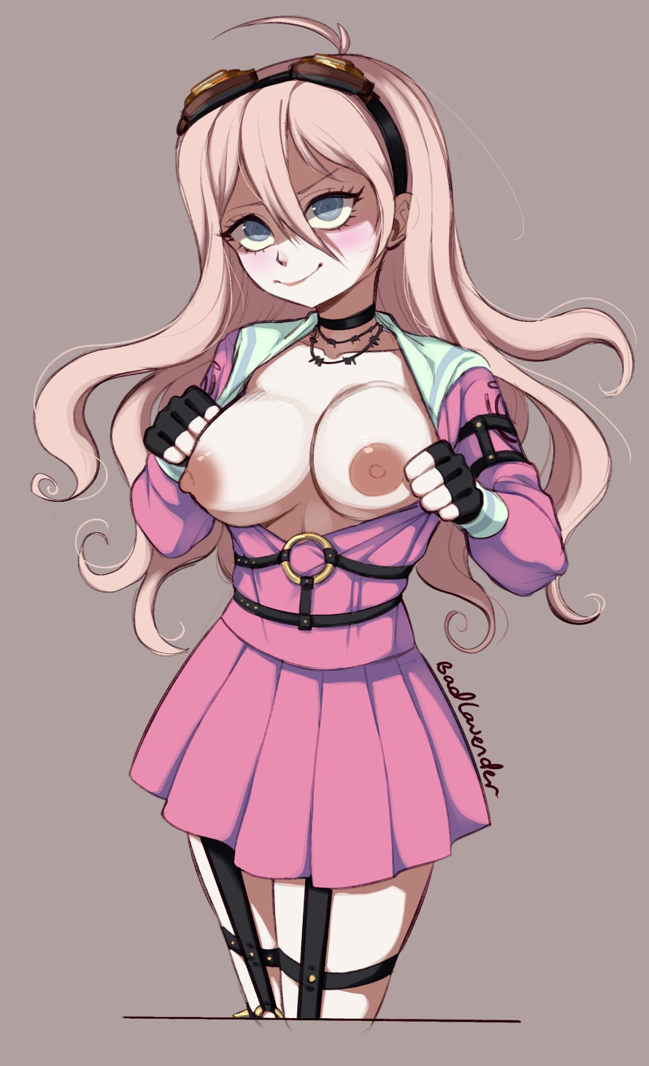 alternate version available, badlavender, blush, blushing at viewer, bondage harness, breasts, danganronpa, danganronpa v3, exposed breasts, female, female only, flashing, flashing breasts, iruma miu, large breasts, open clothes, straight hair