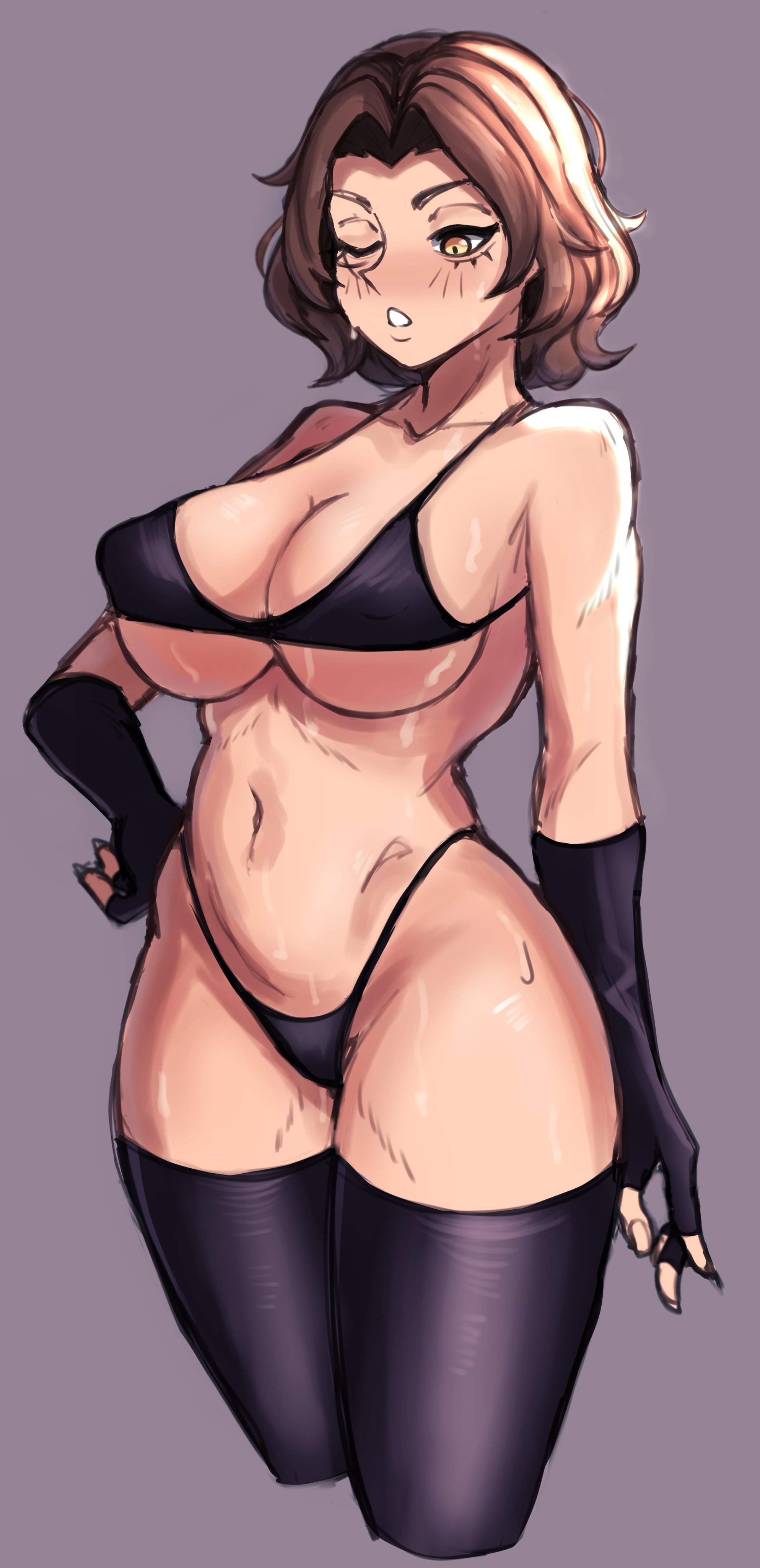 1girls, 2022, absurd res, armwear, big breasts, bikini, black thighhighs, breasts, brown hair, clothing, elden ring, female, female only, fromsoftware, hand on hip, human, legwear, looking down, medium hair, melina (elden ring), nyapii, one eye closed, pale skin, plain background, solo, solo female, swimwear, thick thighs, thighhighs, yellow eyes