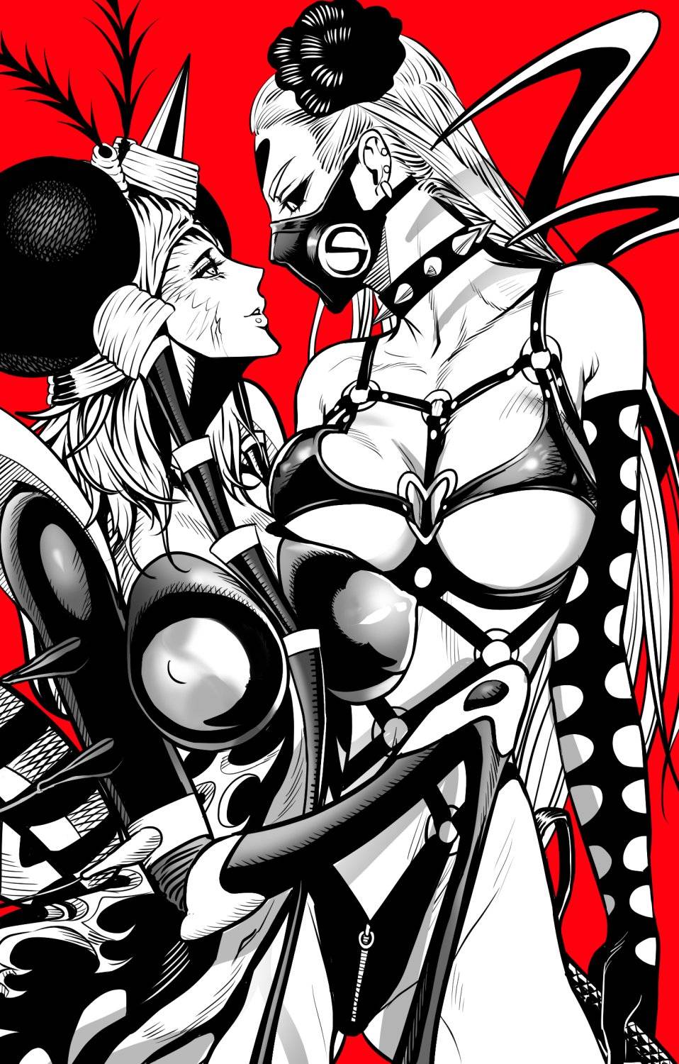 2girls big_breasts blonde_hair dominatrix female female_focus female_only imminent_yuri insect_girl kaijin_hime_do-s masked_female monster monster_girl mosquito_girl_(one-punch_man) mosquito_musume nipple_bulge one-punch_man yuri