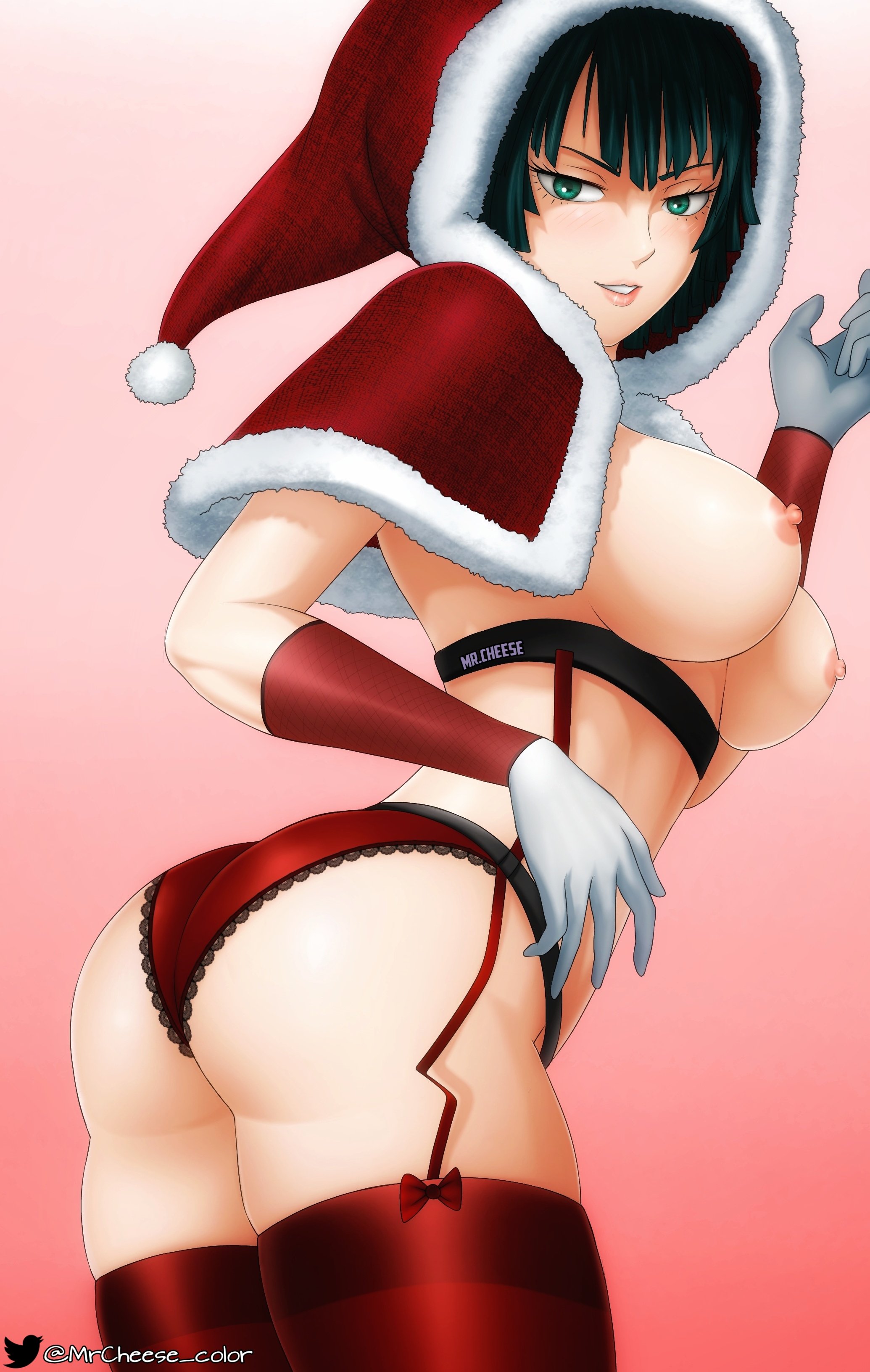 1girls, areola, areolae, ass, back, back view, big ass, big breasts, big butt, blush, bob cut, boobs, breasts, busty, christmas, christmas clothing, christmas outfit, clothed, clothing, curvaceous, curvy, curvy female, curvy figure, dark green hair, dark hair, eye contact, eyelashes, female, female focus, female only, fringe, fubuki (one-punch man), gloves, green eyes, green hair, hips, light skin, light-skinned female, lingerie, lips, lipstick, looking at viewer, medium hair, midriff, mrcheese color, nipples, one-punch man, pale skin, pale-skinned female, panties, petite, pink lipstick, presenting ass, red lipstick, santa costume, santa hat, seductive, seductive eyes, seductive look, seductive mouth, seductive smile, short hair, side view, sideboob, smile, smiling at viewer, solo, solo focus, stockings, thick, thick ass, thick thighs, thighhighs, thighs, tits, underwear, voluptuous, wide hips