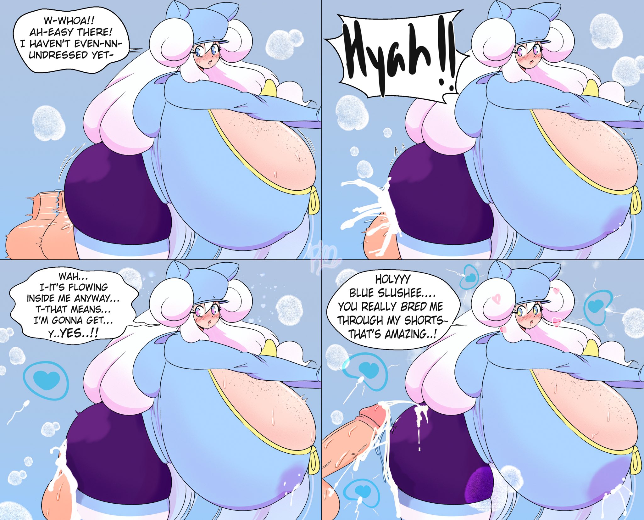 1boy, 1girls, 4 panel comic, blue eyes, breasts, charlie (riley moore), creampie, cum, cum dripping, cum in pussy, cum inside, female, fertilization, happy sex, heart-shaped pupils, hoodie, huge cock, hyper breasts, in awe, male, penis, pussy, riley moore (artist), sex from behind, sex through clothes, spats, striped legwear, tagme, text, text bubble, white hair
