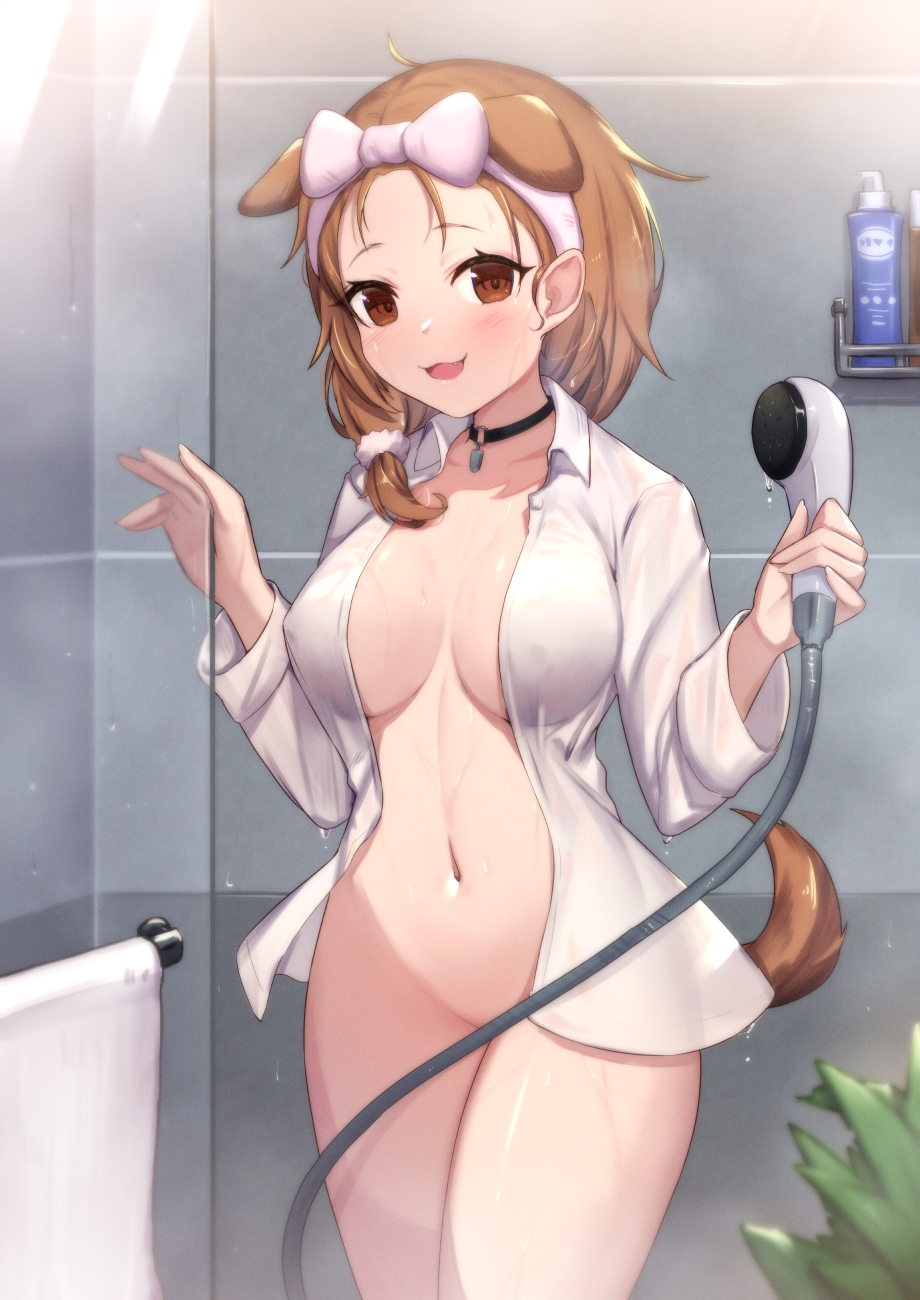 :3 animal_ears bathroom blush breasts breasts_apart brown_eyes brown_hair choker collarbone convenient_censoring covered_nipples cowboy_shot dog_ears dog_girl dog_tail eyebrows_visible_through_hair female forehead glasses hairband hands_up highres hololive hololive_gamers hololive_japan indoors inugami_korone large_breasts long_hair long_sleeves looking_at_viewer naked_shirt navel no_bra no_panties oerba_yun_fang open_mouth see-through shirt shower_head smile solo tail thighs uneg virtual_youtuber