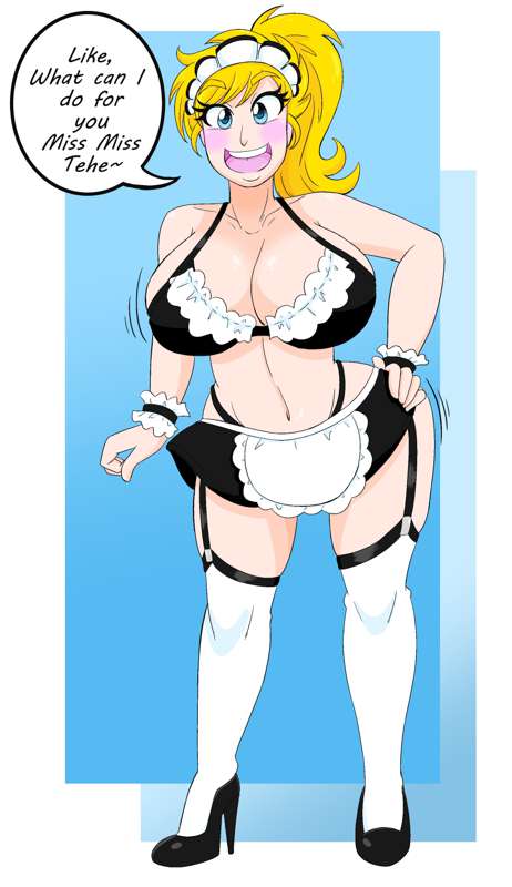 bimbo bimbofication blonde_hair blue_eyes blush brainwashing breasts cleavage hand_on_hip high_heels kobi-tfs kobi_(kobi) large_ass large_breasts looking_at_viewer maid maid_uniform mind_control ponytail smiling_at_viewer text thick_thighs thighhighs transformation wide_hips