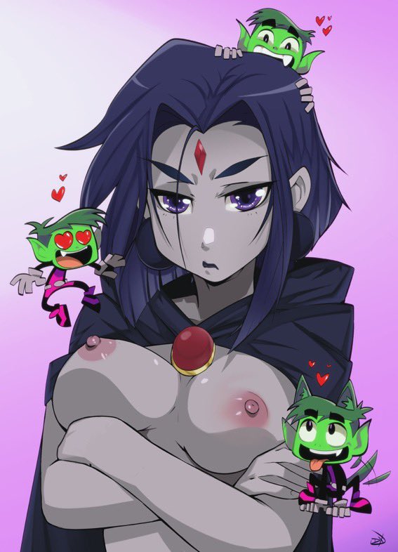 1boy beast_boy beast_boy_(dc) breasts cape chibi colored_skin dc dc_comics delux demon female forehead_jewel green_skin grey_skin heart heart-shaped_pupils large_breasts nipples nude purple_eyes purple_hair rachel_roth raven_(dc) short_hair symbol-shaped_pupils teen_titans teen_titans_go