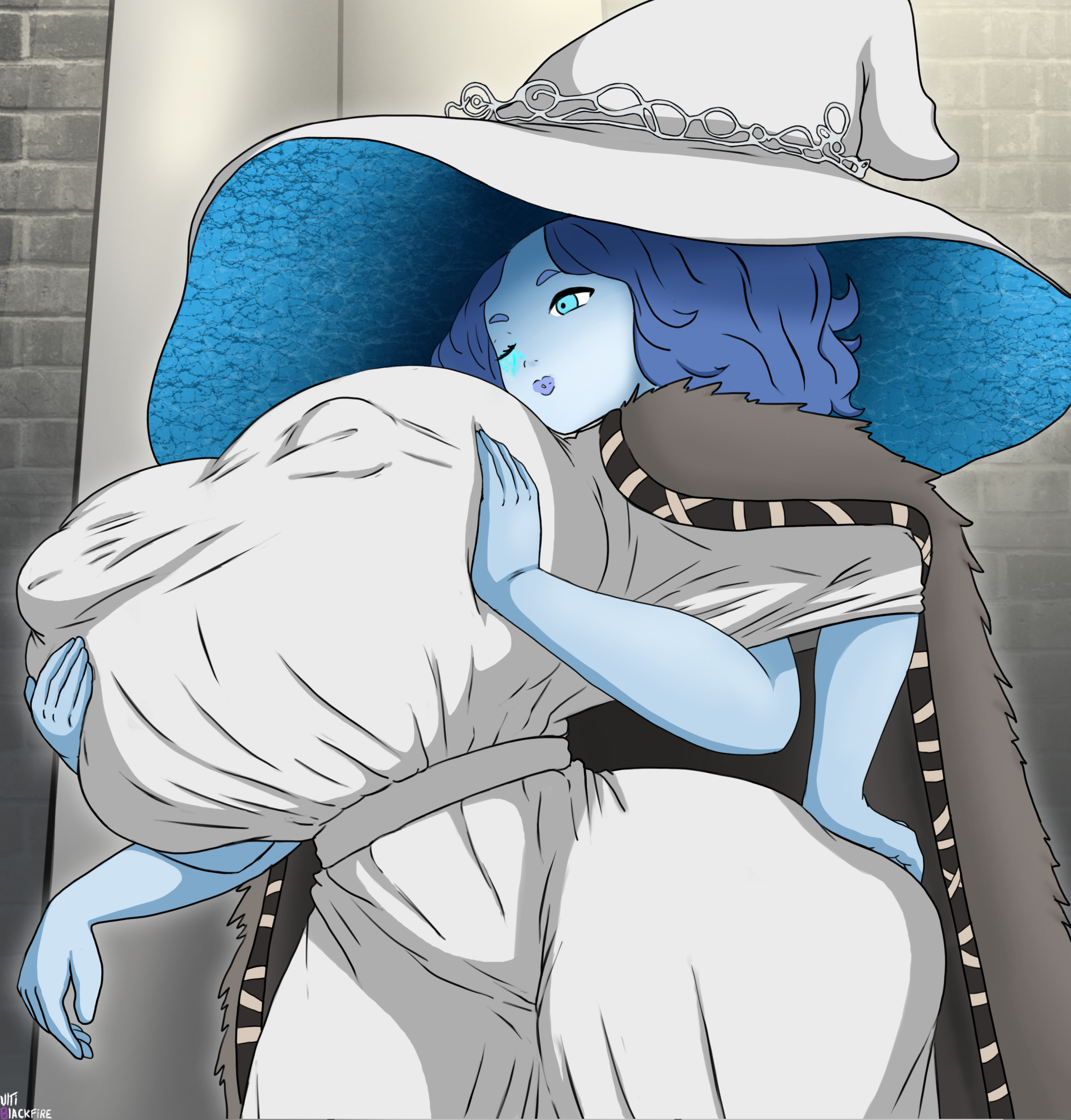 1girls, 2022, 4 arms, absurd res, artist name, ass, big breasts, blue body, blue hair, blue skin, breast squish, breasts, busty, curvaceous, curvy, curvy body, curvy female, curvy figure, detailed background, digital media (artwork), dress, elden ring, female, female focus, female only, fingers, fromsoftware, hand on hip, hi res, holding breast, hourglass figure, huge breasts, large breasts, multi arm, multi limb, nipple outline, one eye closed, ranni the witch, round ass, signature, solo, teal eyes, thick thighs, ultiblackfire, voluptuous, wide hips, wink, witch hat