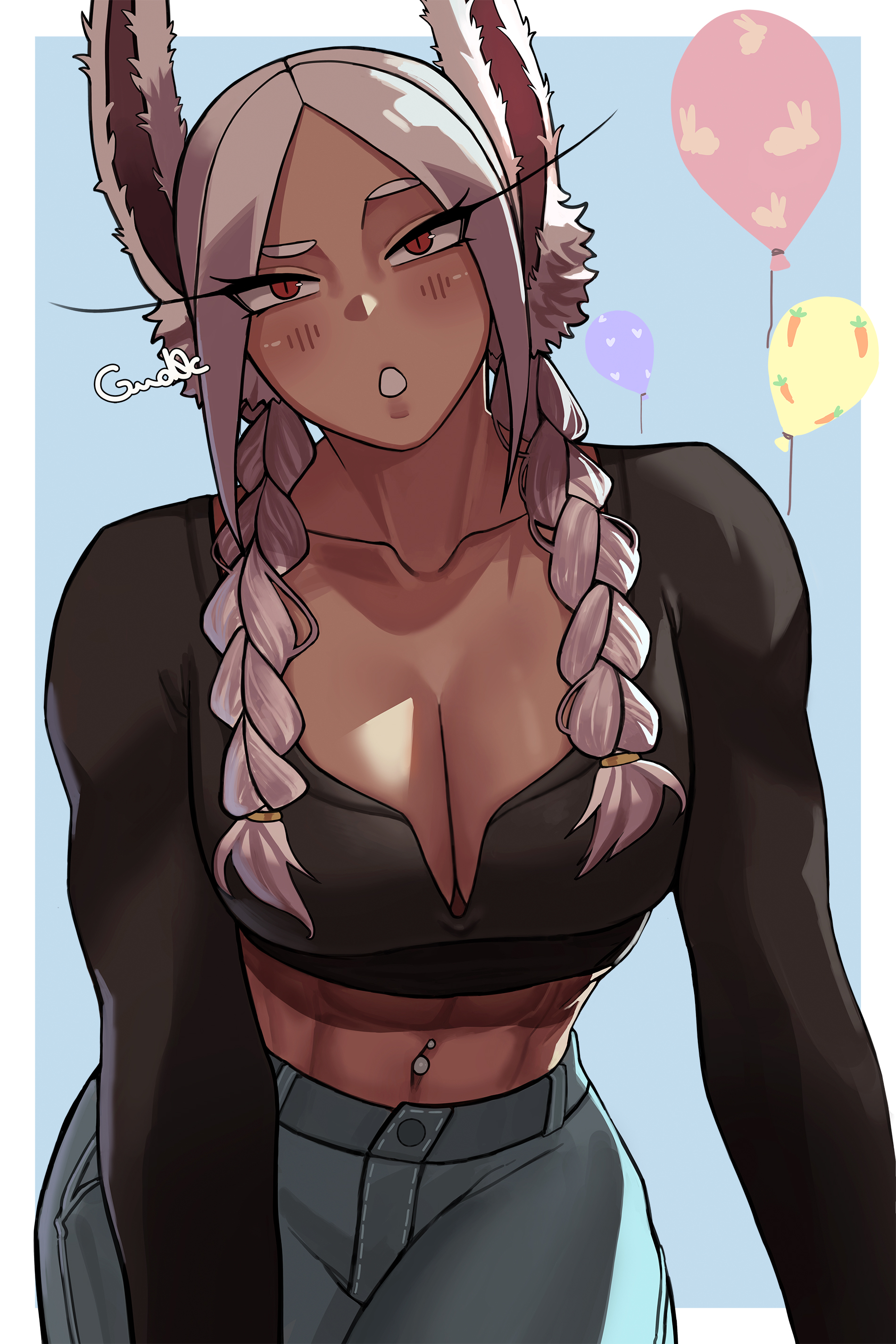 1girls, abs, absurd res, alternate version available, animal ears, artist name, balloon, bangs, black shirt, blush, braid, breasts, cleavage, collarbone, cowboy shot, dark skin, dark-skinned female, eyelashes, female, fully clothed, gud0c, hair ornament, hi res, long hair, long sleeves, looking at viewer, midriff, miruko, muscular, muscular female, my hero academia, navel, navel piercing, obliques, pants, parted bangs, parted lips, piercing, rabbit ears, rabbit girl, raised eyebrow, red eyes, rumi usagiyama, shirt, solo, twin braids, white hair, white-haired female