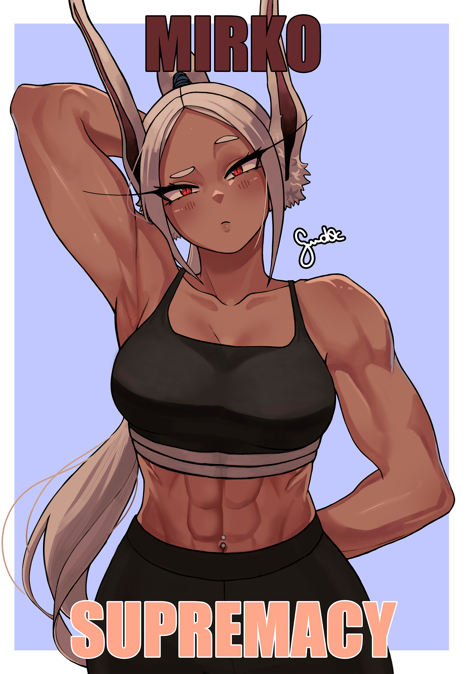 1girls, abs, absurdres, animal ears, arms behind back, arms behind head, bare shoulders, biceps, breasts, closed mouth, collarbone, dark skin, dark-skinned female, female, fully clothed, gud0c, highres, impact (font), long hair, miruko, muscular, muscular female, my hero academia, navel piercing, obliques, piercing, rabbit ears, red eyes, rumi usagiyama, solo, sports bra, sportswear, toned, white hair, white-haired female