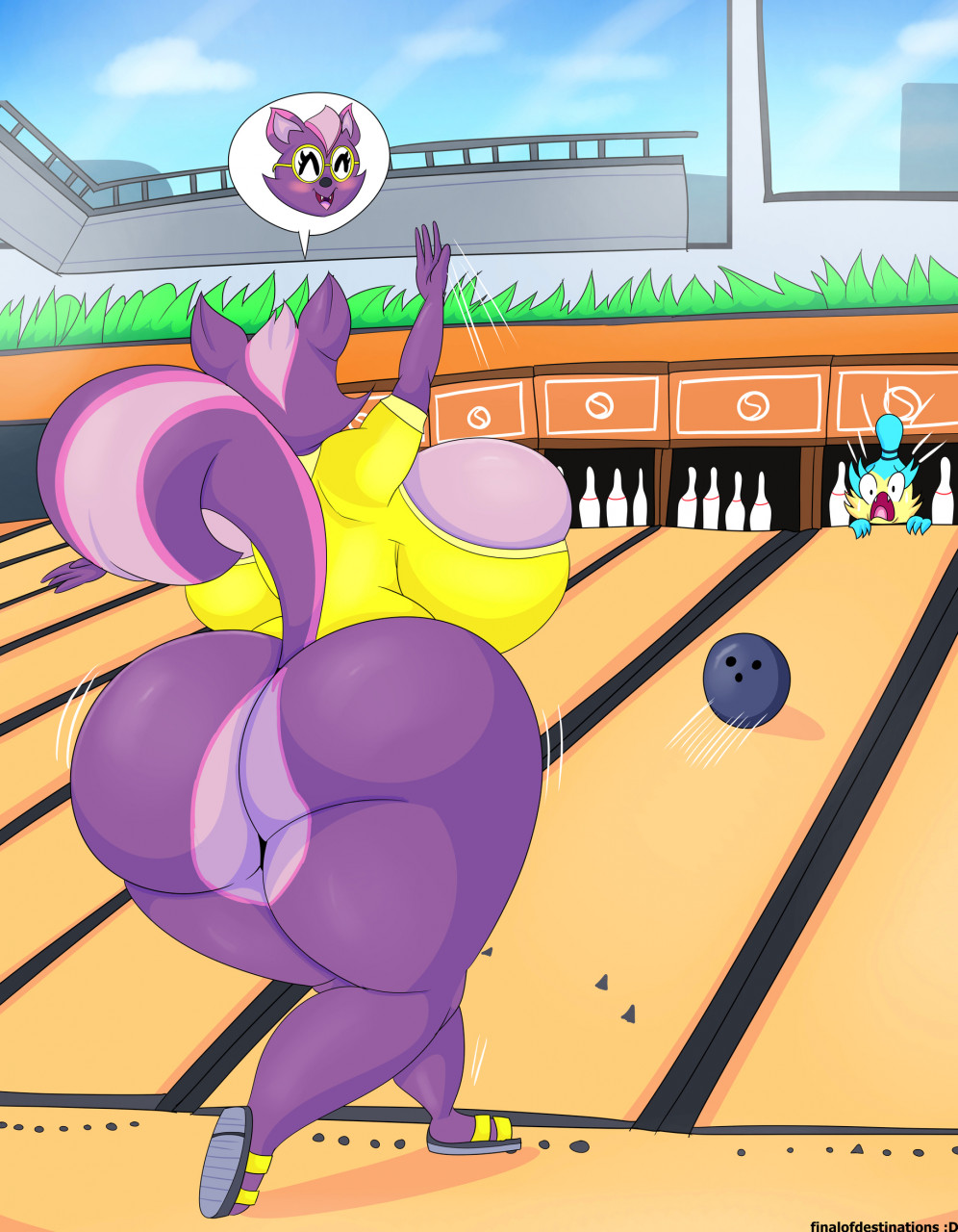 2022 4_fingers anthro ass big_ass big_breasts big_butt blush bowling bowling_alley bowling_ball bowling_pin breasts butt clothed clothing digital_media_(artwork) digital_painting_(artwork) dragon duo emoji eyewear female finalofdestinations fingers fluffy fluffy_tail glasses hi_res huge_ass huge_breasts huge_butt hybrid male mammal nintendo_sports nintendo_switch nintendo_switch_sports rodent sciurid signature smile switch_sports switch_sports_squirrel thick_thighs tree_squirrel video_games wide_hips