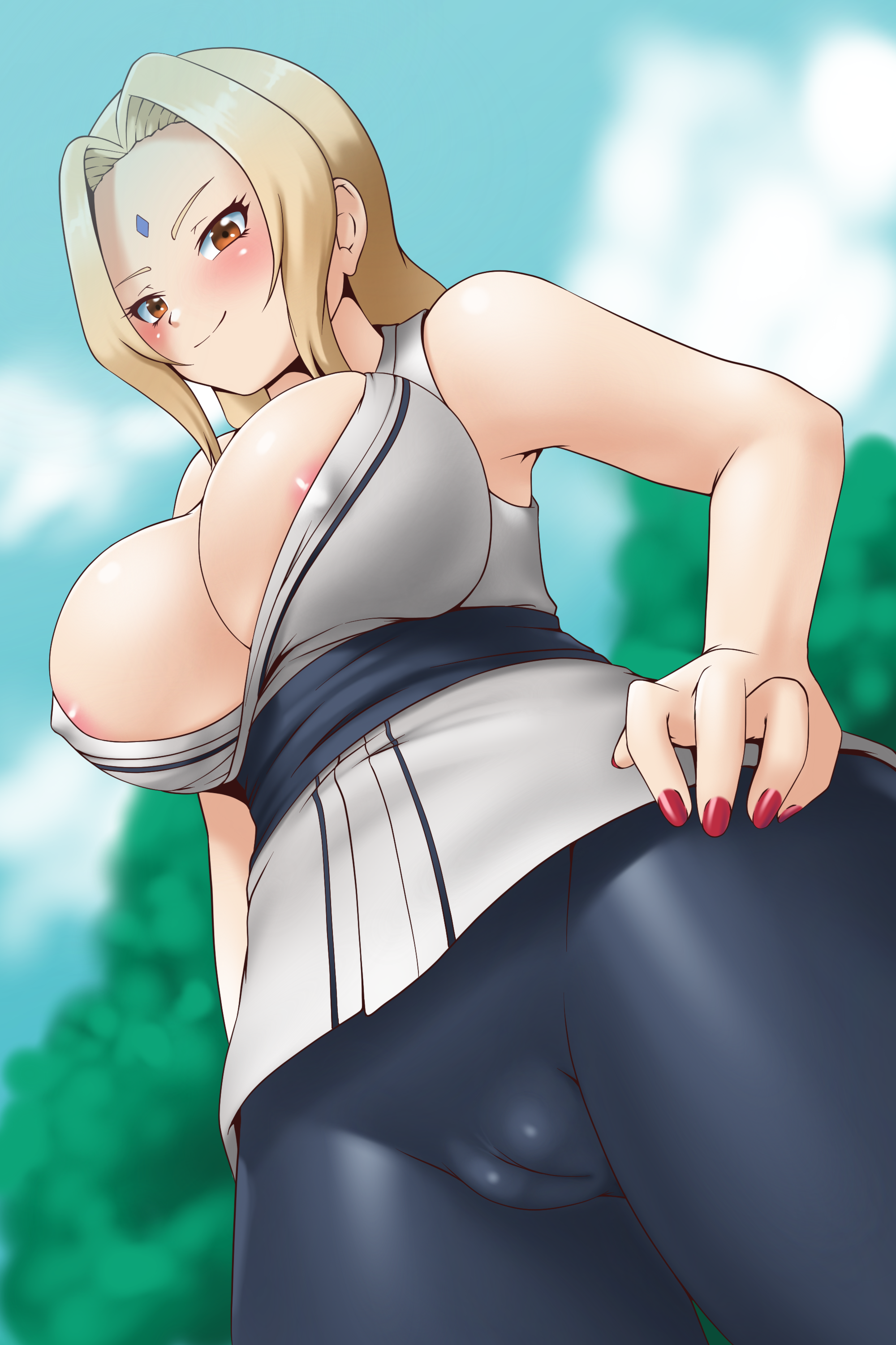 1girls, areola, areola slip, bare arms, bare breasts, bare chest, bare shoulders, big breasts, blonde hair, blush, breasts, bust, busty, cameltoe, center opening, cleavage, clothed, clothed female, erect nipples, erect nipples under clothes, facial mark, female, female only, fingernail polish, forehead mark, fully clothed, huge breasts, kimono, light skin, light-skinned female, looking at viewer, mature, mature female, nail polish, naruto, naruto (classic), naruto (series), naruto shippuden, nipples, nipples visible through clothing, no bra, no panties, obi, oppai, otocai, pants, puffy pussy, pussy, red nail polish, sash, shiny, shiny clothes, shiny hair, shiny skin, short kimono, skin tight, skindentation, smile, smiling at viewer, solo, solo female, solo focus, tsunade, voluptuous