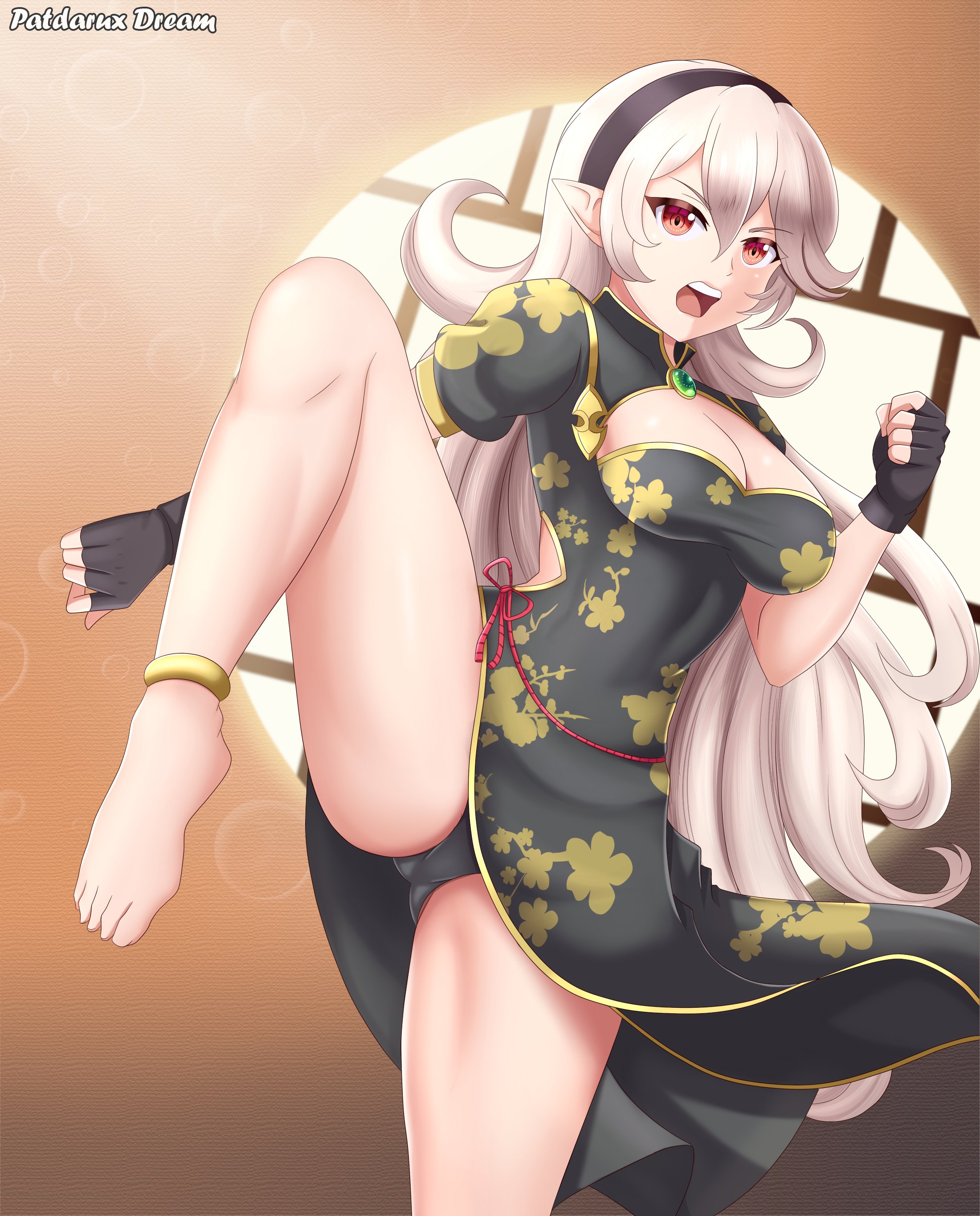 1girls, alternate costume, bare legs, barefoot, black panties, breasts, cleavage, corrin (fire emblem), corrin (fire emblem) (female), female, female only, fighting stance, fingerless gloves, fire emblem, fire emblem fates, gloves, grey hair, legs, long hair, looking at viewer, medium breasts, nintendo, open mouth, panties, patdarux, pose, red eyes, underwear, upskirt, very long hair