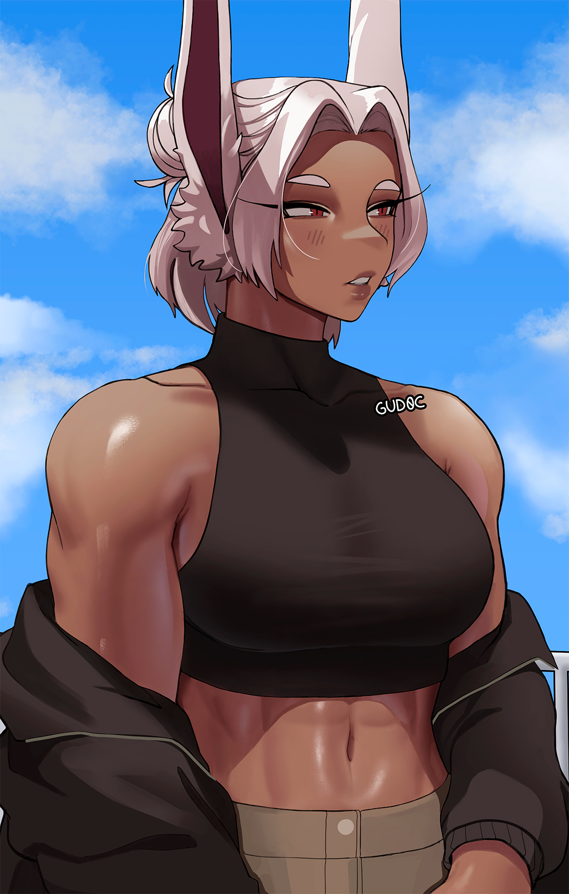1girls, abs, alternate hairstyle, animal ears, artist name, bare shoulders, black jacket, blue sky, blush, breasts, crop top, dark skin, dark-skinned female, day, eyelashes, female, fully clothed, gud0c, hair bun, highres, jacket, midriff, miruko, my hero academia, navel, rabbit ears, red eyes, rumi usagiyama, shiny, shiny skin, sky, sleeveless, solo, tagme, white hair, white-haired female