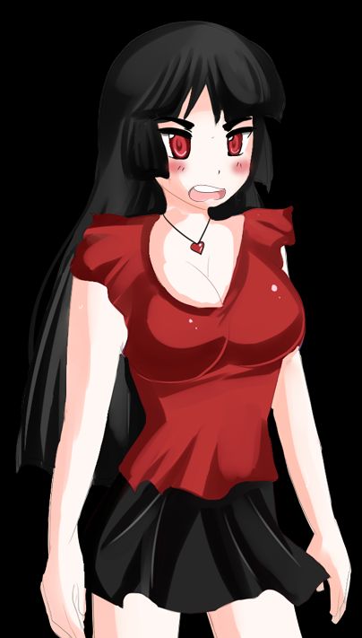 1girls aika_hoshida_(plum_tea) angry black_hair blush breasts cleavage clothed clothing dress female female_only fully_clothed heart_necklace necklace plum_tea red_eyes saintxtail skirt solo sprite sprite_art tsundere