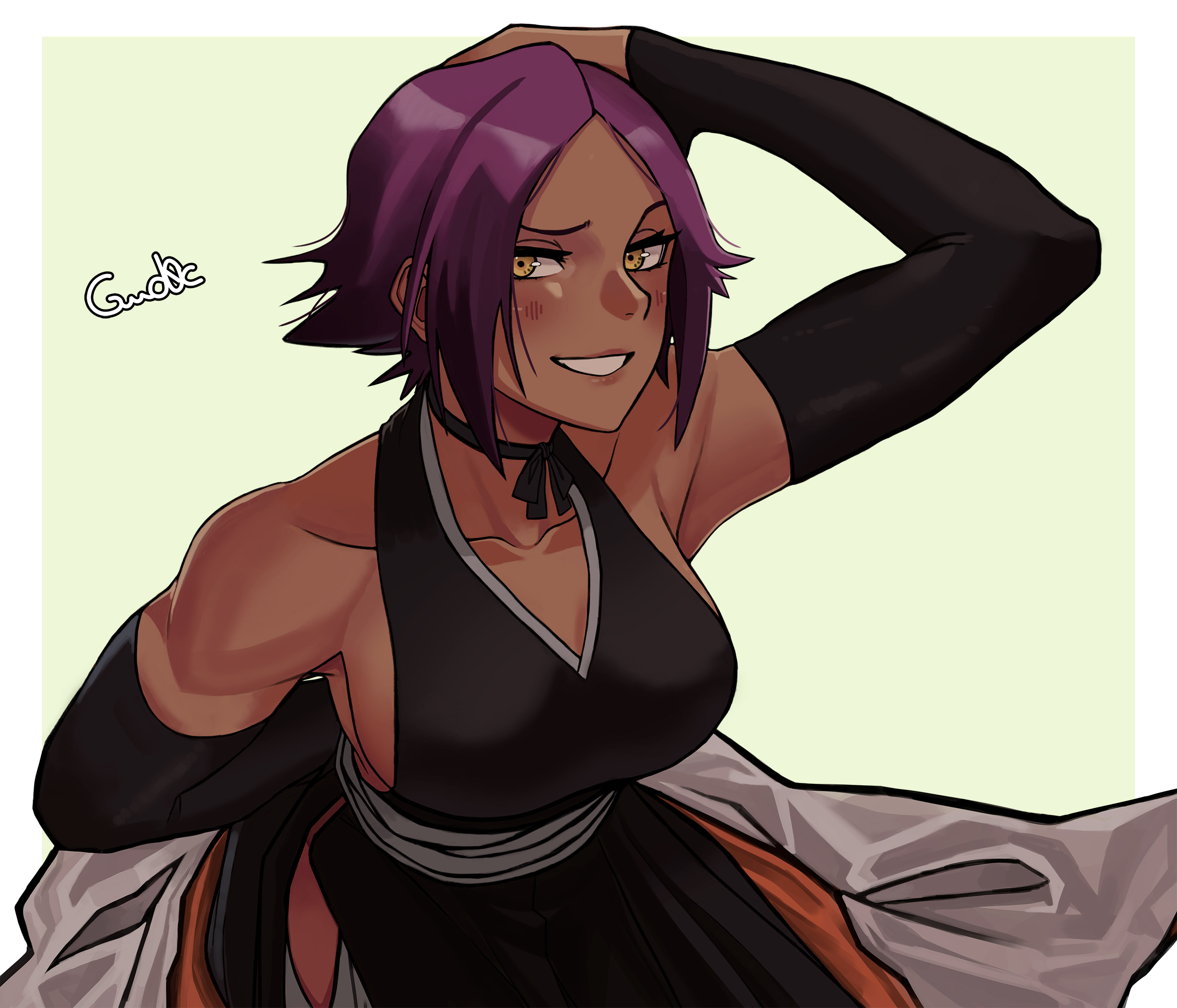 1girls, artist name, bare shoulders, bleach, blush, breasts, choker, collarbone, dark skin, dark-skinned female, elbow gloves, female, female only, fully clothed, gloves, gud0c, highres, large breasts, looking at viewer, muscular, muscular female, purple hair, shihouin yoruichi, short hair, simple background, smile, solo, teeth, watermark, yellow eyes