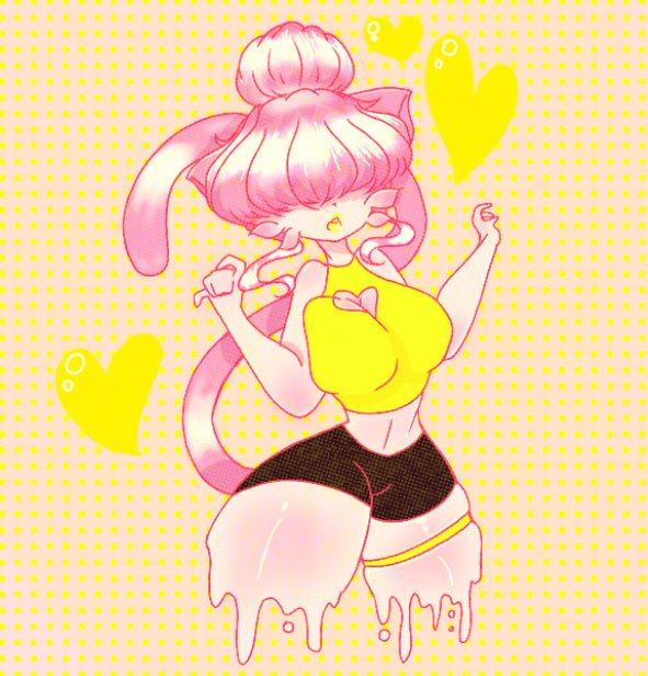 1girls angel_kitty bangs boob_window breasts cat_girl cat_tail catgirl female female_focus garter_band hair_bun hair_over_eyes heart hourglass_figure large_breasts midriff mutant navel ohthesunnyside pink_hair pink_skin short_hair shorts sleeveless_shirt solo solo_female thick_thighs thigh_highs thin_waist yellow_background