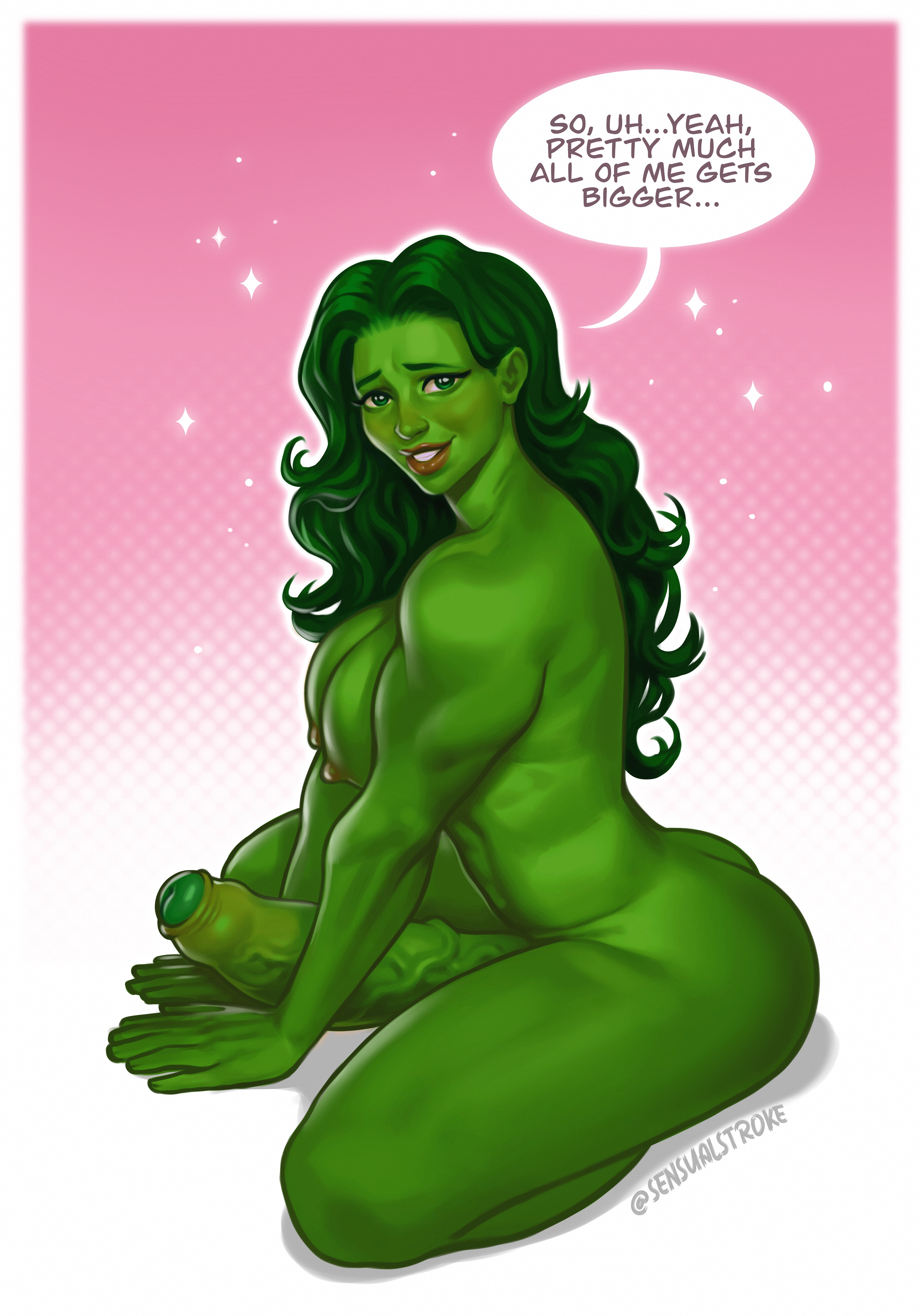 1futa, areolae, artist signature, breasts, crouching, dialogue, embarrassed nude futa, english text, erect nipples, erection, foreskin, futa only, futanari, green hair, hands on ground, huge cock, humanoid, humanoid penis, intersex, kneeling, long hair, looking at viewer, marvel, marvel comics, muscular, muscular futa, nipples, nude, partially retracted foreskin, penis, pink background, retracted foreskin, sensualstroke, she-hulk, smile, solo, stars, text, uncircumcised, uncut, veiny penis