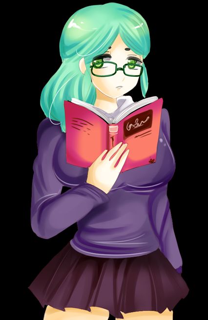 1girls big_breasts breasts clothed clothing female female_only fully_clothed glasses green_eyes green_hair huge_breasts large_breasts misaki_(plum_tea) nerd plum_tea reading reading_book saintxtail school_uniform schoolgirl skirt solo sprite sprite_art