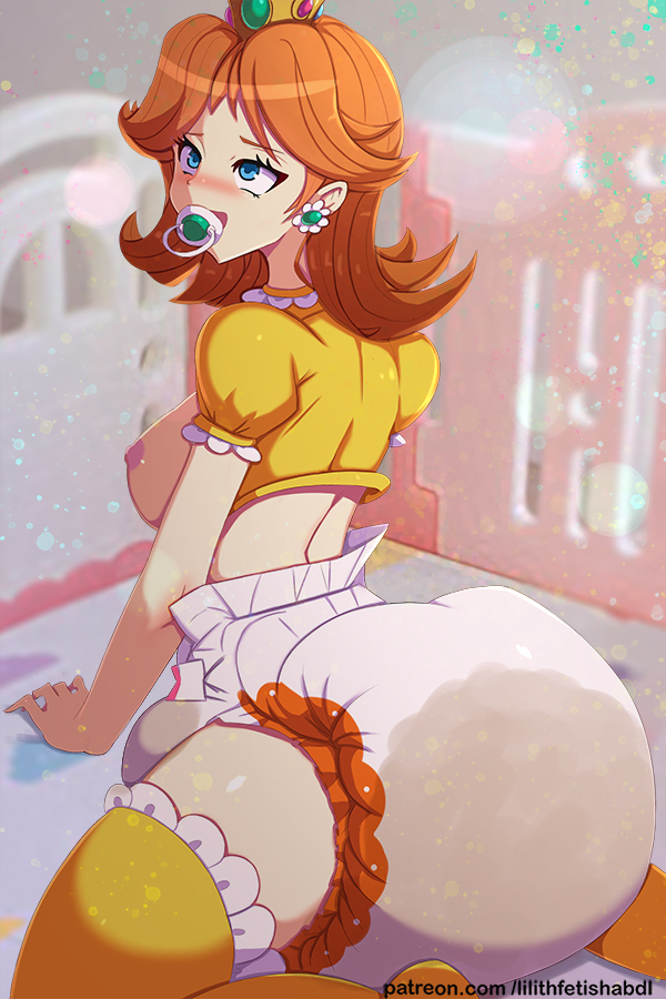 1girls abdl big_breasts blue_eyes breasts brown_hair crib crown diaper female lilith-fetish mario_(series) messy_diaper nintendo nipples pacifier princess_daisy scat soiling