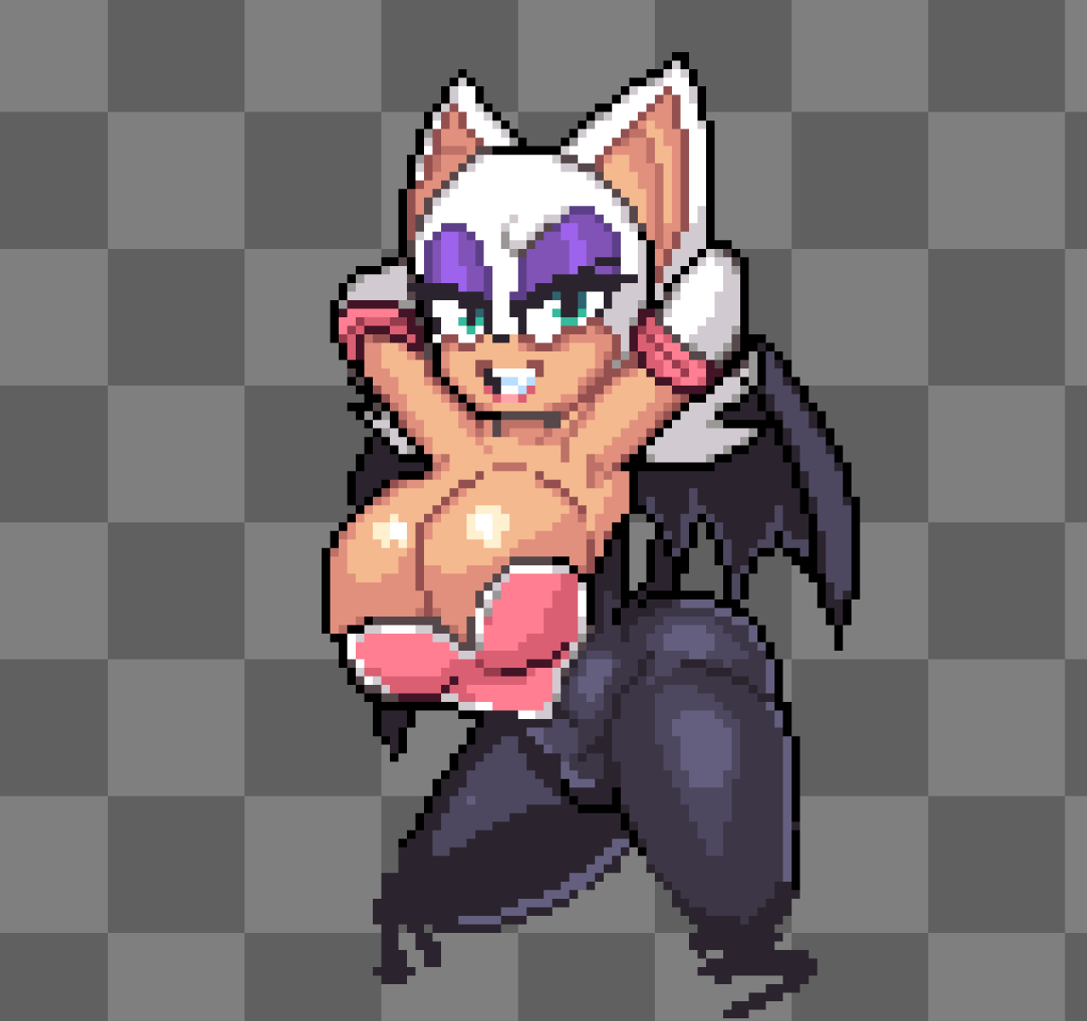 1girls anthro armpits arms_behind_head arms_up ass bat big_ass big_breasts blue_eyes bodysuit breasts chiropteran cleavage clothing crossnsfw female female_only gloves huge_breasts looking_at_viewer pixel_art pose posing rouge_the_bat showing_off simoncrips smile smug solo sonic_(series) thick_thighs wide_hips wings