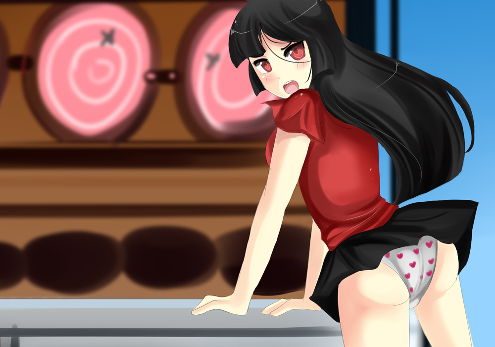 1girls aika_hoshida_(plum_tea) ass black_hair clothed clothing dress female female_only fully_clothed game_cg heart_panties panties plum_tea red_eyes saintxtail skirt skirt_up solo wind