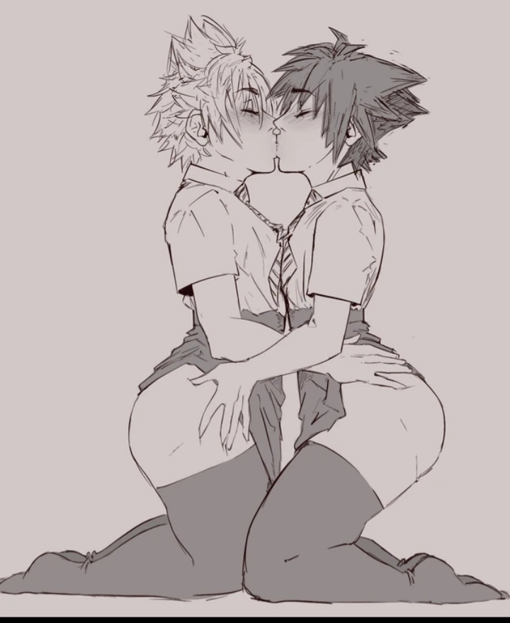 2boys blush clothed_male crossdressing_male dark_hair eyes_closed femboy gay hand_on_hip kingdom_hearts kissing kneeling light_hair male_only monochrome roxas school_uniform shaky_(artist) shaky_(artist) short_hair simple_background skirt_lift sora spiky_hair stockings tie twink white_background yaoi