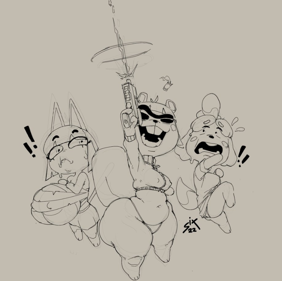 2022, animal crossing, ankha, anthro, areola, areola slip, ass vs breasts, big breasts, breasts, canine, erect nipples, feline, female, gun, hazel (animal crossing), huge breasts, isabelle (animal crossing), nintendo, nipples, shooting, sixsidesofmyhead, squirrel, trio