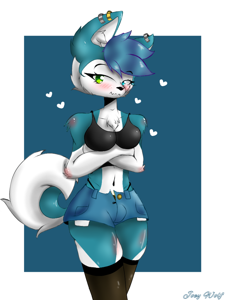 1femboy 1futa ambiguous_gender anthro ashamed big_breasts black_blouse black_stockings blue_eye blue_fur blue_hair blush bulge furry futanari gay green_eyes heterochromia joey_wolfhound(joey_wolf) piercings shorts thighhighs white_fur wolf_boy wolf_ears wolf_tail