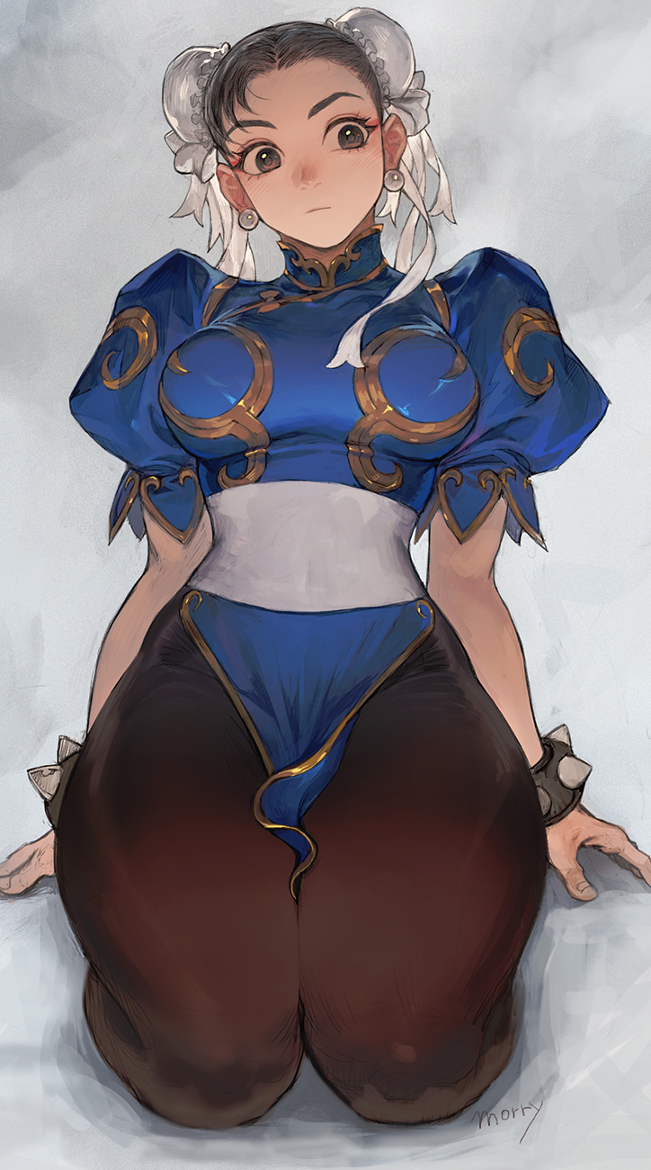 1girls brown_eyes capcom chinese_clothes chun-li female female_only hair_bun hair_buns kneeling leaning_back looking_away morry_evans pantyhose solo solo_female spiked_bracelet street_fighter thick_thighs