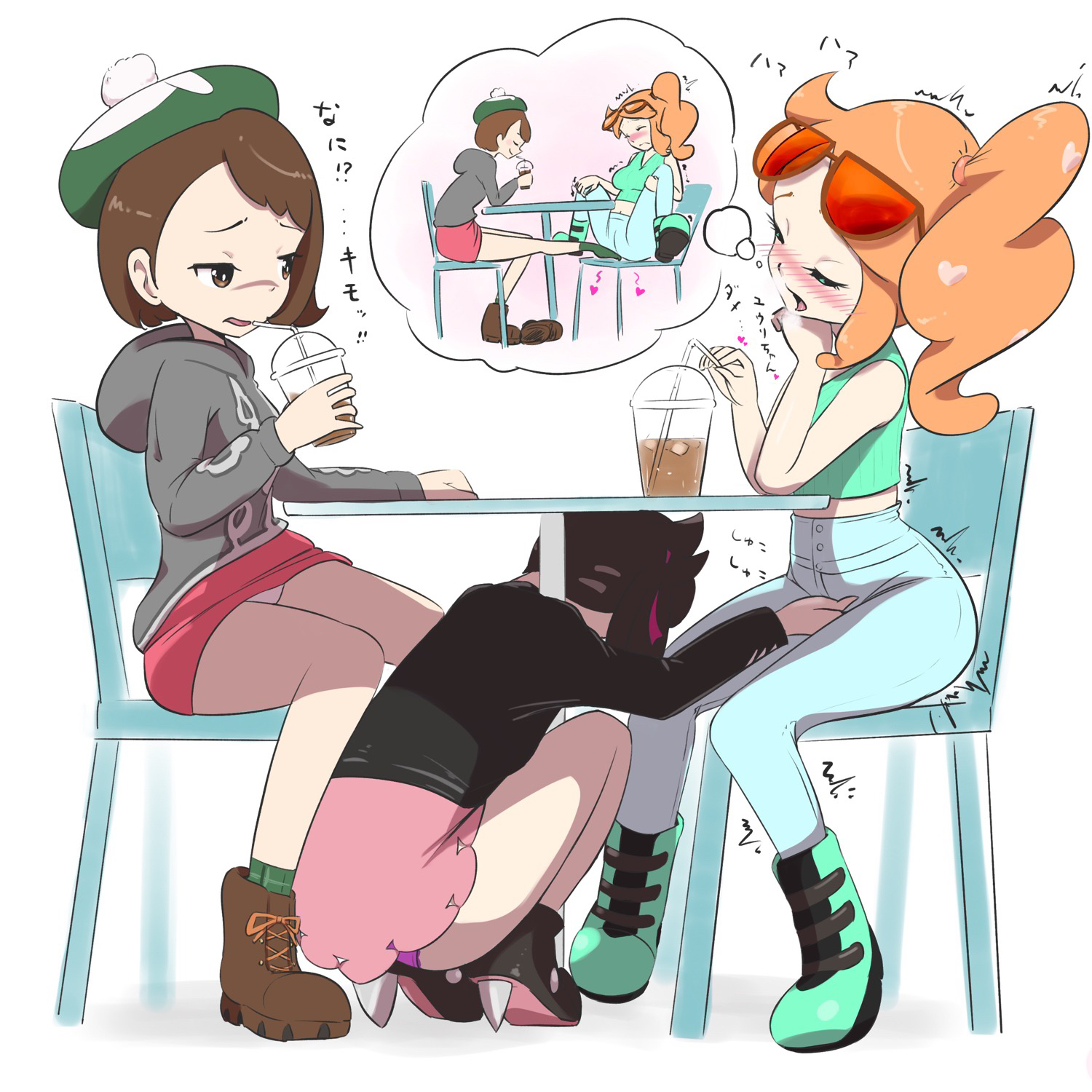 3girls, ass, breasts, clothing, drinking straw, eyewear on head, female, female masturbation, female only, fingering, fingering partner, fingering pussy, gloria (pokemon), human, human only, humor, japanese text, jpeg, marnie (pokemon), masturbating other, masturbation, meme, microsd (artist), mistaken identity, nintendo, panties, pantyshot, pleasure face, pokemon, pokemon ss, pussy, pussy fingering, rubbing pussy, soda, sonia (pokemon), stealth sex, sunglasses on head, text, thick thighs, underwear, upskirt, yuri