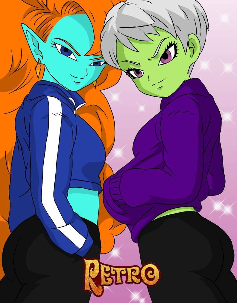 2girls cheelai dragon_ball dragon_ball_super dragon_ball_z hands_in_pockets smiling sweatpants sweatshirt turras zangya