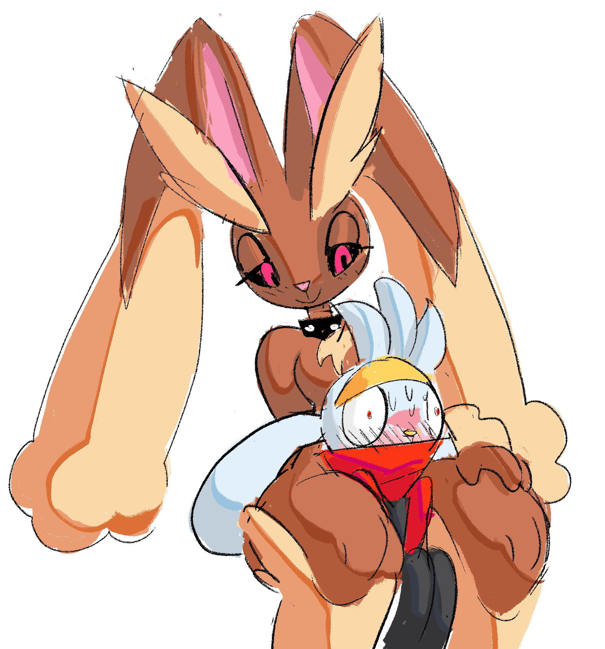 2019 ambiguous_gender between_legs bigger_female black_sclera blush breasts brown_body bunny_ears bunny_girl collar embarrassed generation_4_pokemon generation_8_pokemon grey_body grey_fur half-closed_eyes horizon-fucker looking_at_partner lopunny no_nipples pink_eyes pokémon_(species) pokemon pokemon_(species) pokemon_dppt pokemon_ss raboot red_eyes simple_background small_breasts sweat yellow_fur