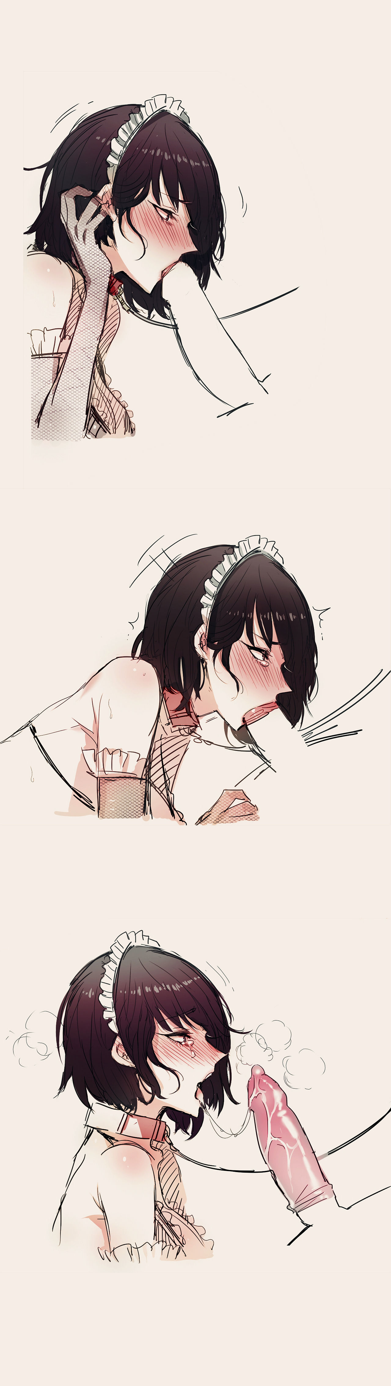 1boy, 1girls, 2d, assertive male, blowjob, blushing profusely, condom, condom in mouth, condom mouth application, deep blush, fellatio, female, femsub, horny female, horny sub, leash, looking at another, maid headdress, male, male penetrating female, male/female, maledom, oral, oral penetration, oral sex, ratatatat74, short hair, submissive female