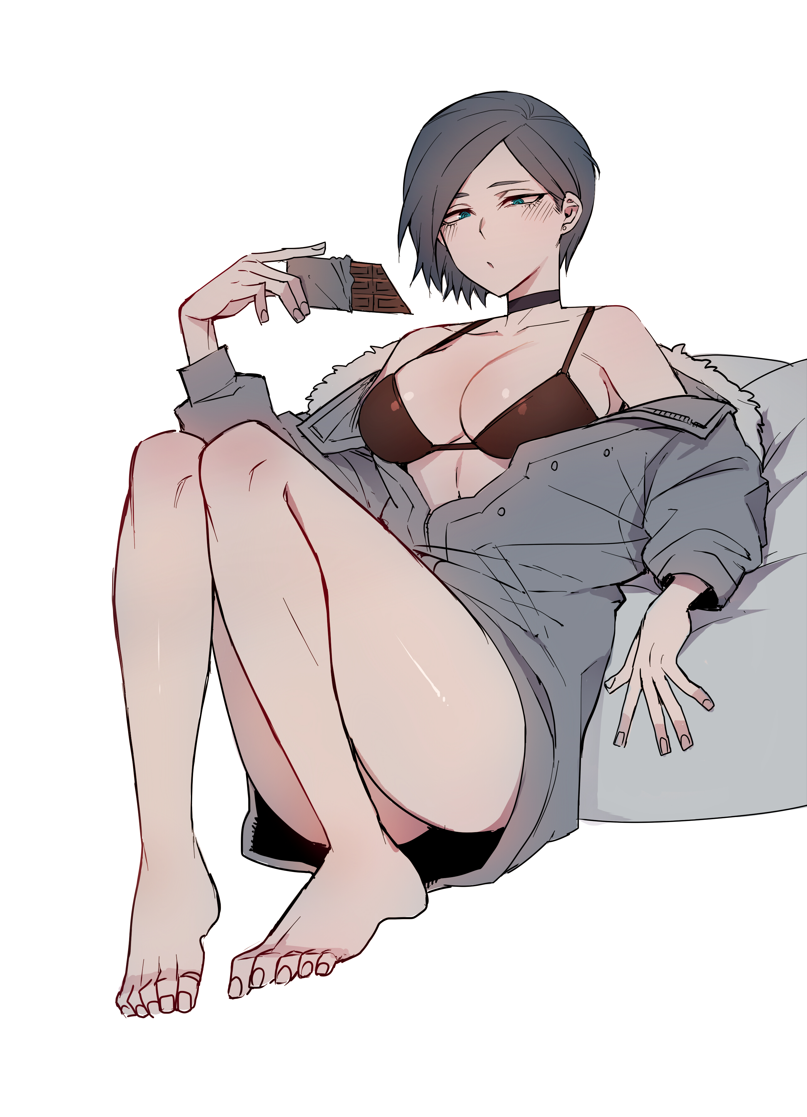 2d, bra, chocolate, choker, feet, female, grey hair, loose clothes, ratatatat74, underwear