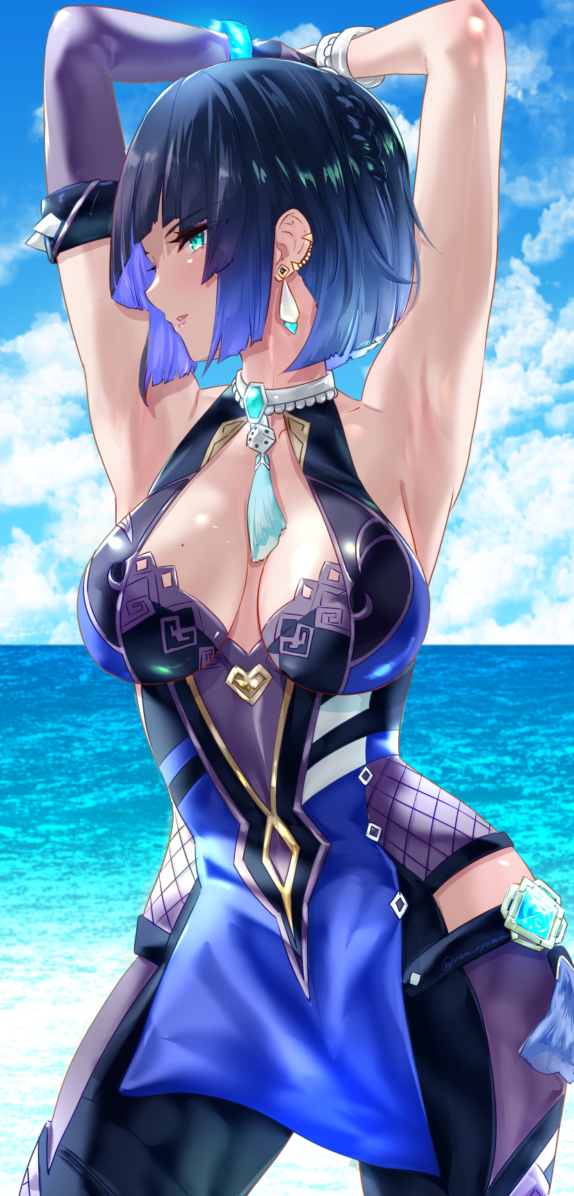 1girls, 2022, beauty mark, black hair, blue clothing, breasts, cleavage, clothed, clothed female, female, female only, genshin impact, green eyes, hair over one eye, hips, huge breasts, looking at viewer, mole on breast, short hair, simple background, slim waist, thick thighs, thighs, uenoryoma, wide hips, yelan (genshin impact)
