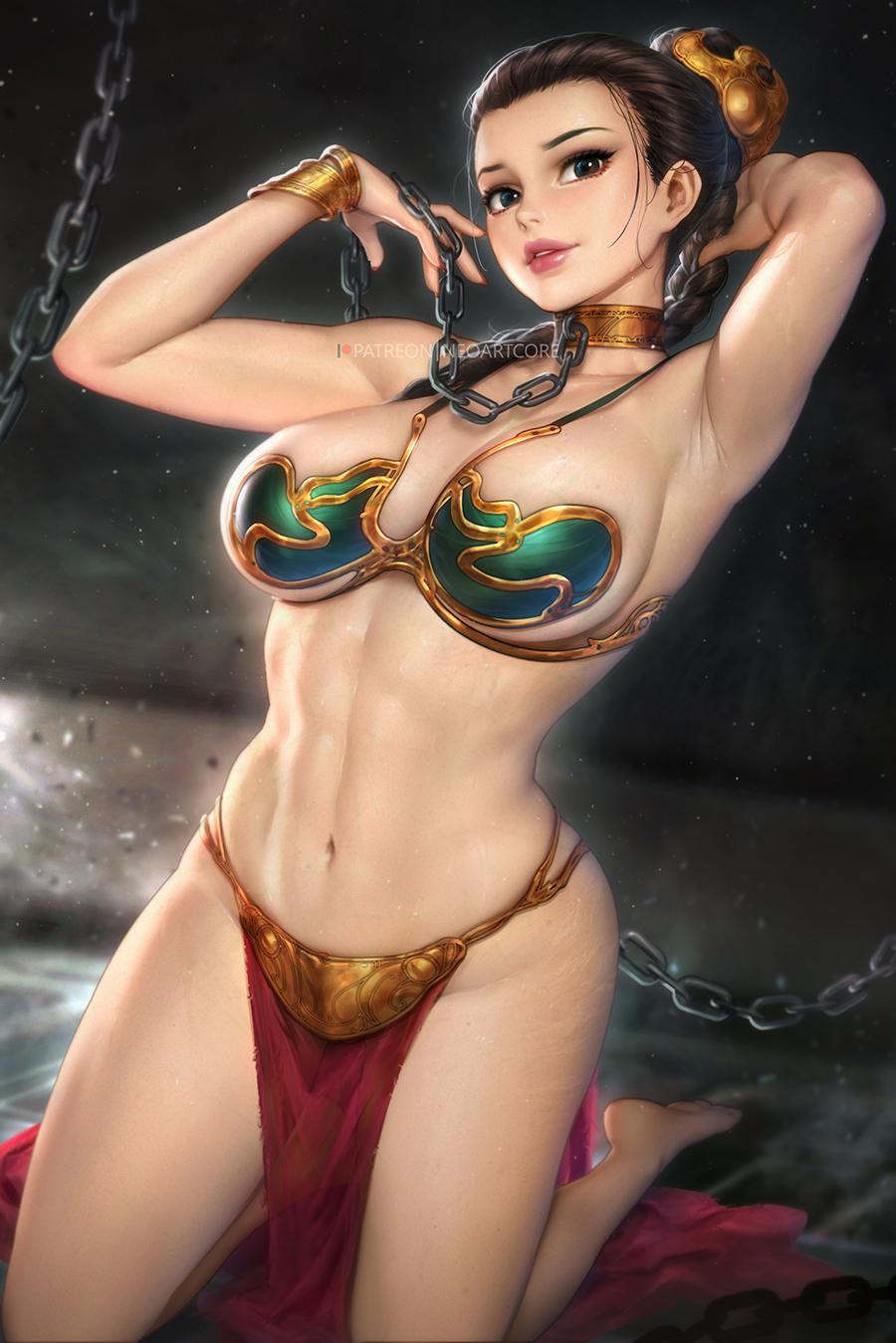 armpits, arms up, belly dancer, belly dancer outfit, braided hair, breasts, brown eyes, brown hair, chain leash, chained, dancer, dancer outfit, female, female only, harem girl, harem outfit, kneeling, large breasts, loincloth, long hair, looking at viewer, neoartcore, princess leia organa, slave, slave bikini, slave collar, slave girl, slave leia, slave outfit, star wars