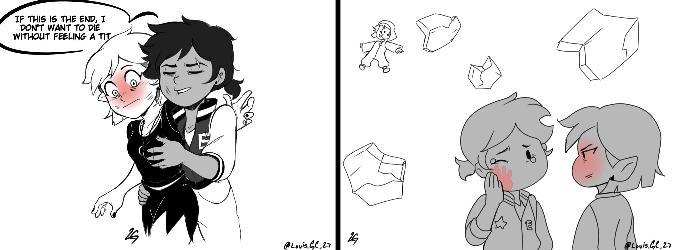 2girls, amity blight, black and white, blush, blushing, breast grab, breasts, canon couple, disney, disney channel, female, female only, fondling breast, hand on breast, louisg (artist), luz noceda, monochrome, multiple females, multiple girls, slap mark, speech bubble, straight hair, tagme, the collector (the owl house), the owl house, yuri