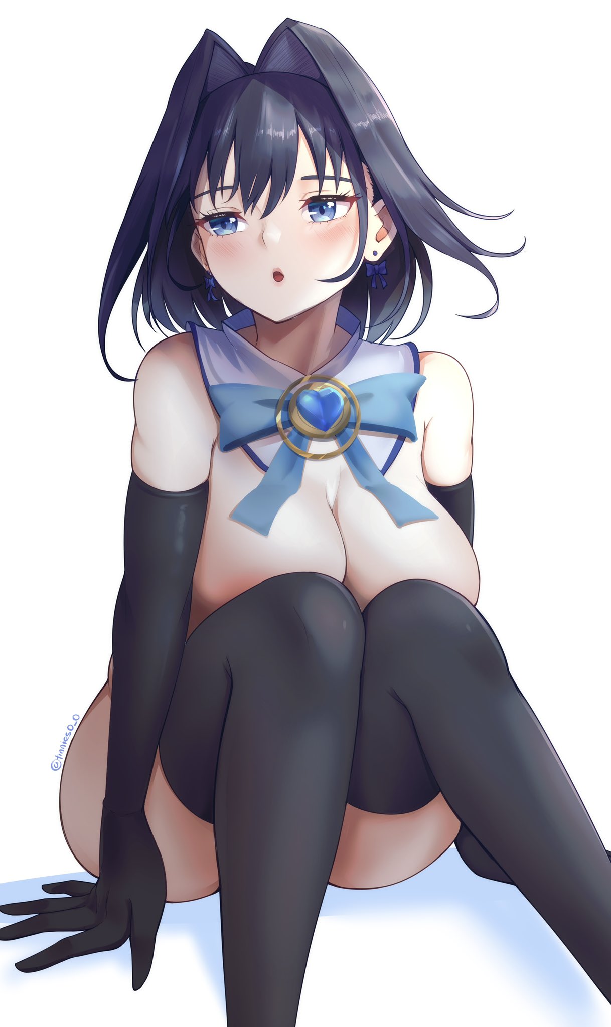 1girls, 2022, artist signature, black hair, blue eyes, blush, breasts, detached collar, female, female only, hips, hololive, hololive english, hololive english -council-, hololive english -promise-, huge breasts, nude, nude female, ouro kronii, short hair, simple background, slim waist, tagme, thick thighs, thighhighs, thighs, tinnies, virtual youtuber, wide hips