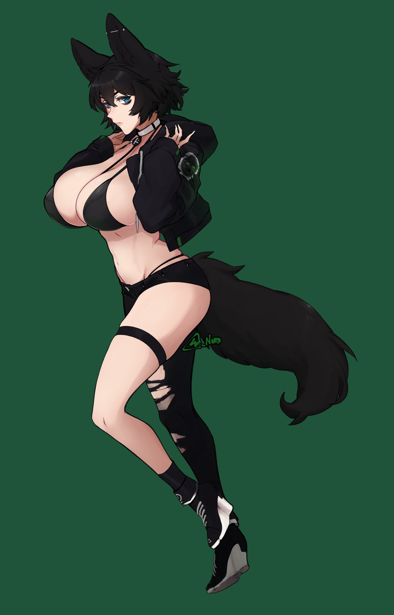 1girls, big breasts, bikini top, black hair, blue eyes, breasts, collar, ear piercing, eye bags, female, female only, full body, goth, green background, hi res, hoodie, legband, light skin, light-skinned female, looking at viewer, n0r0, raine (zanamaoria), side view, solo, solo female, tail, thigh squish, wolf ears, wolf girl, wolf tail