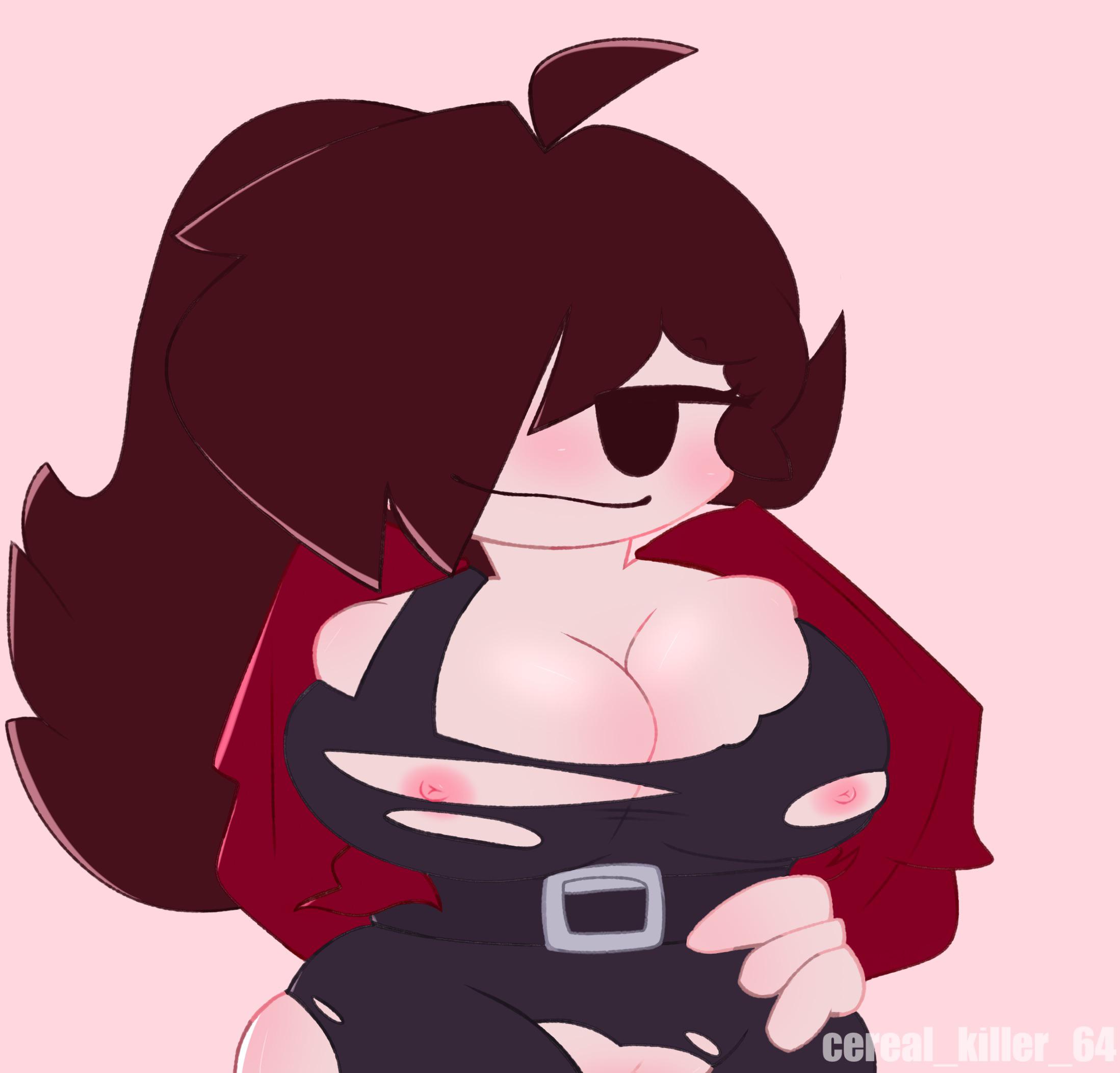 1girls, artist name, background, belt, big breasts, black eyes, breasts, brown hair, cereal killer 64, clothes ripping, female, female only, friday night funkin, girlfriend (friday night funkin), hand on hip, hands on hips, jacket open, long hair, nipple slip, nipples, pussy, smug, thick thighs, torn clothes, trepidation gf (friday night funkin)