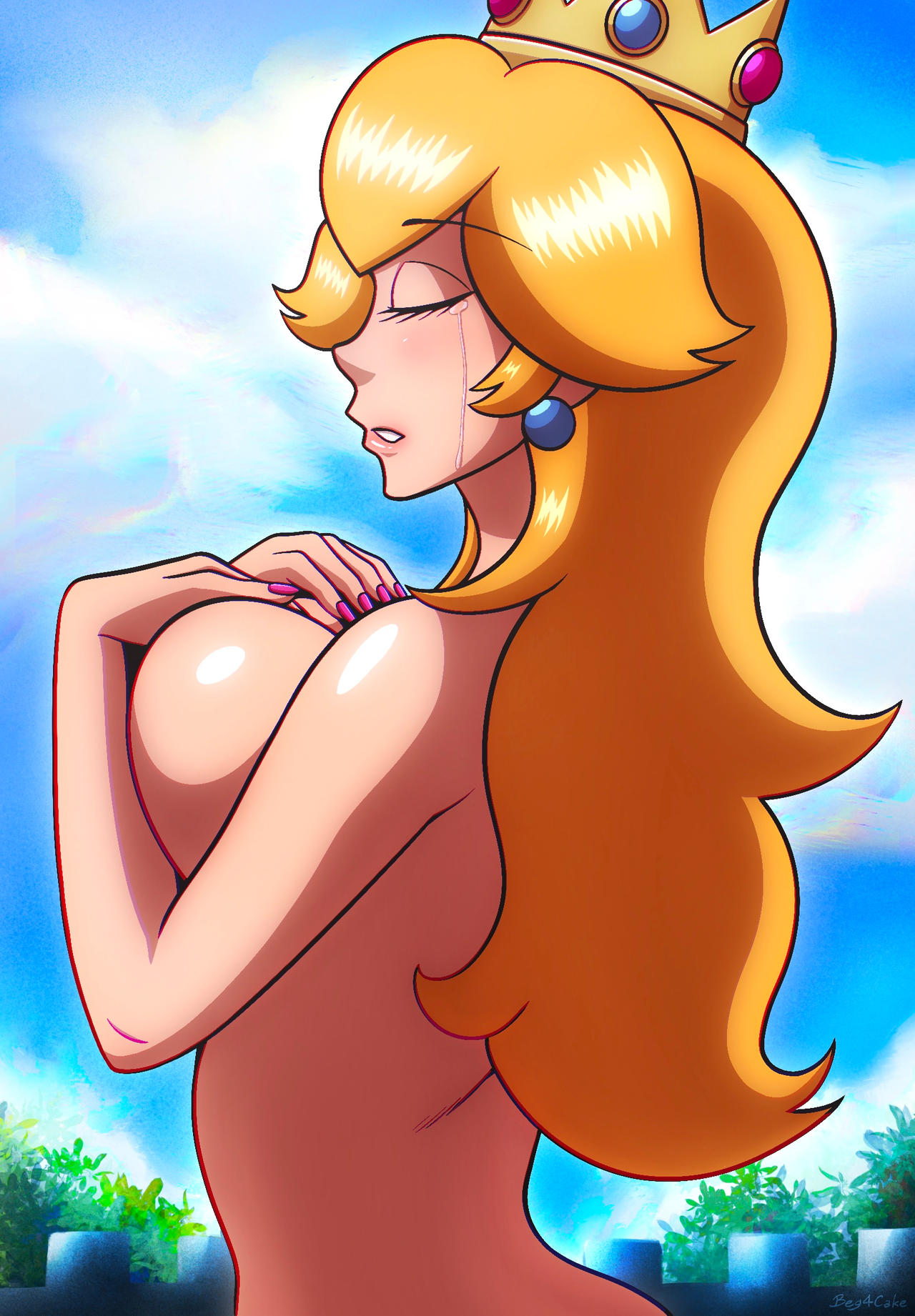 1girls 2022 alternate_breast_size beg4cake big_breasts blonde_hair blue_sky breasts closed_eyes cloud clouds covering_breasts crown crying earrings eyelashes female hand_on_breast hands_on_breasts huge_breasts long_hair mario_(series) mouth nintendo nude nude_female open_mouth pink_lipstick pink_nails princess_peach shiny_breasts shiny_hair shiny_skin teeth yellow_hair