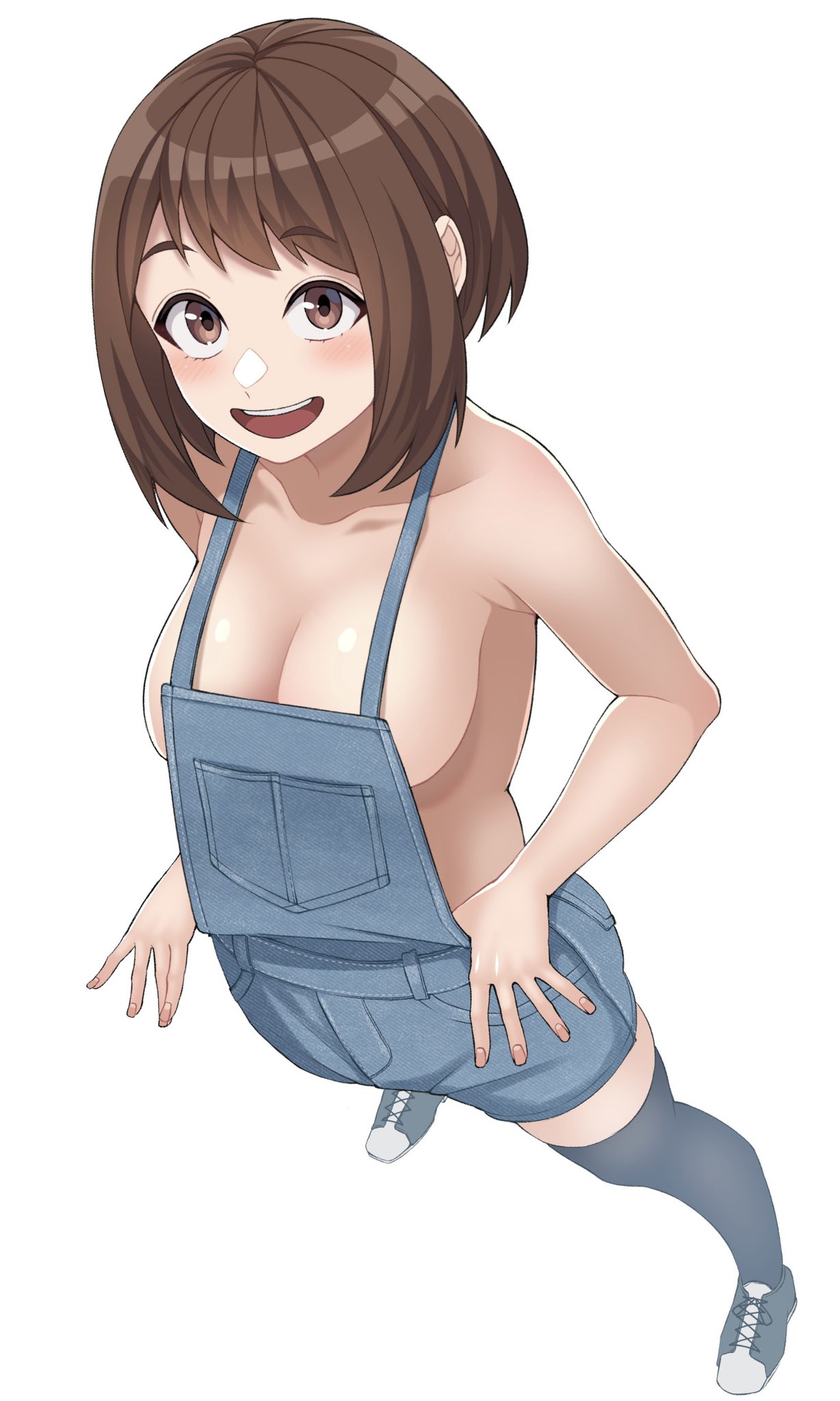 1girls, 2022, big breasts, black socks, braless, breasts, brown eyes, brown hair, brown-haired female, female, female only, hi res, hips, large breasts, my hero academia, no bra, no shirt, ochako uraraka, overalls, overalls only, shirtless, short hair, slim waist, smile, socks, thick thighs, thigh socks, thighhighs, thighs, topless, wide hips, xiao lin gt