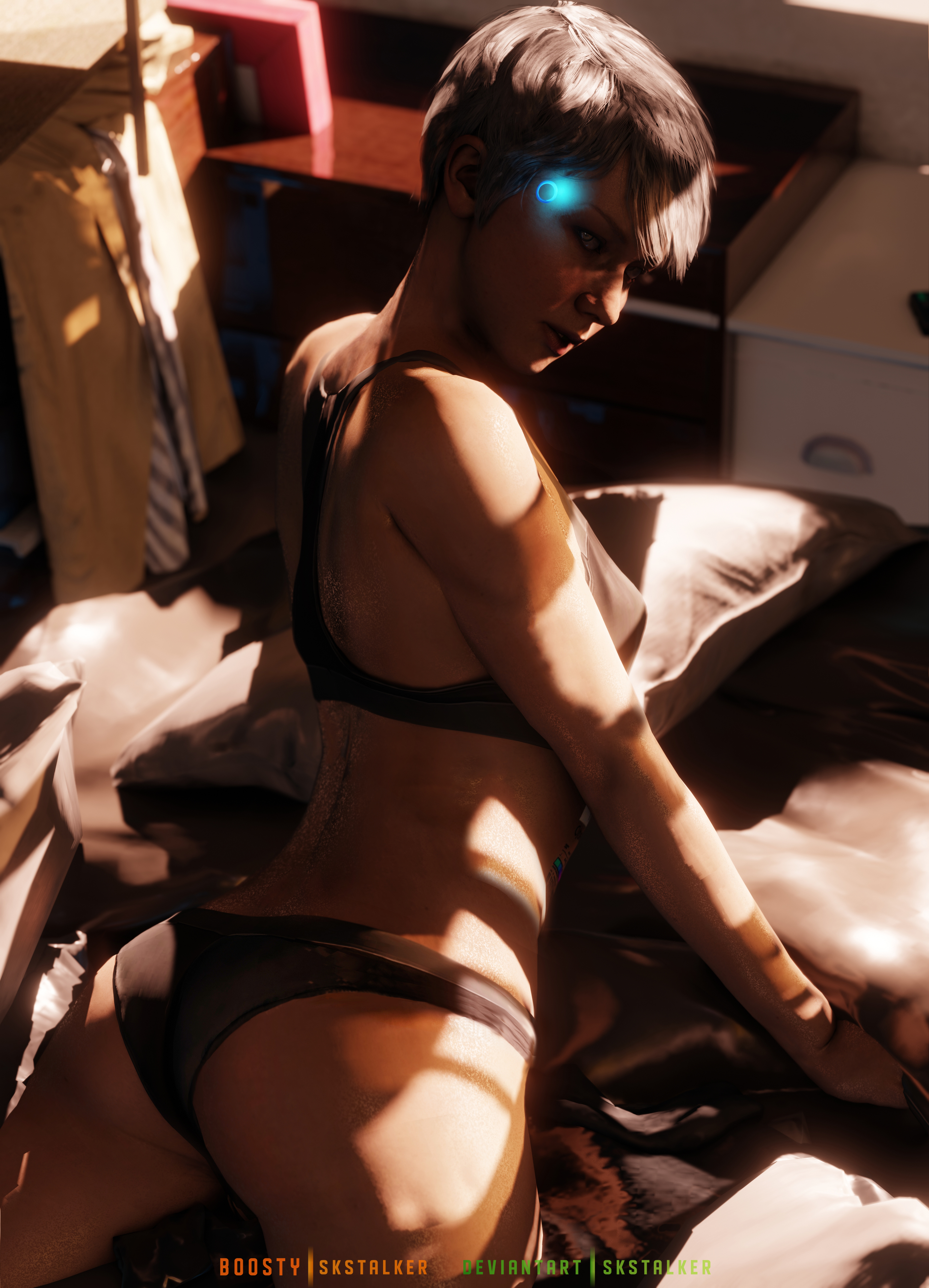 1girls, 3d, 3d (artwork), 4k, back view, blonde hair, bra, detroit: become human, female, female focus, female only, kara (detroit: become human), looking at viewer, looking back, panties, short hair, skstalker, solo, solo female, solo focus, sony interactive entertainment, underwear only