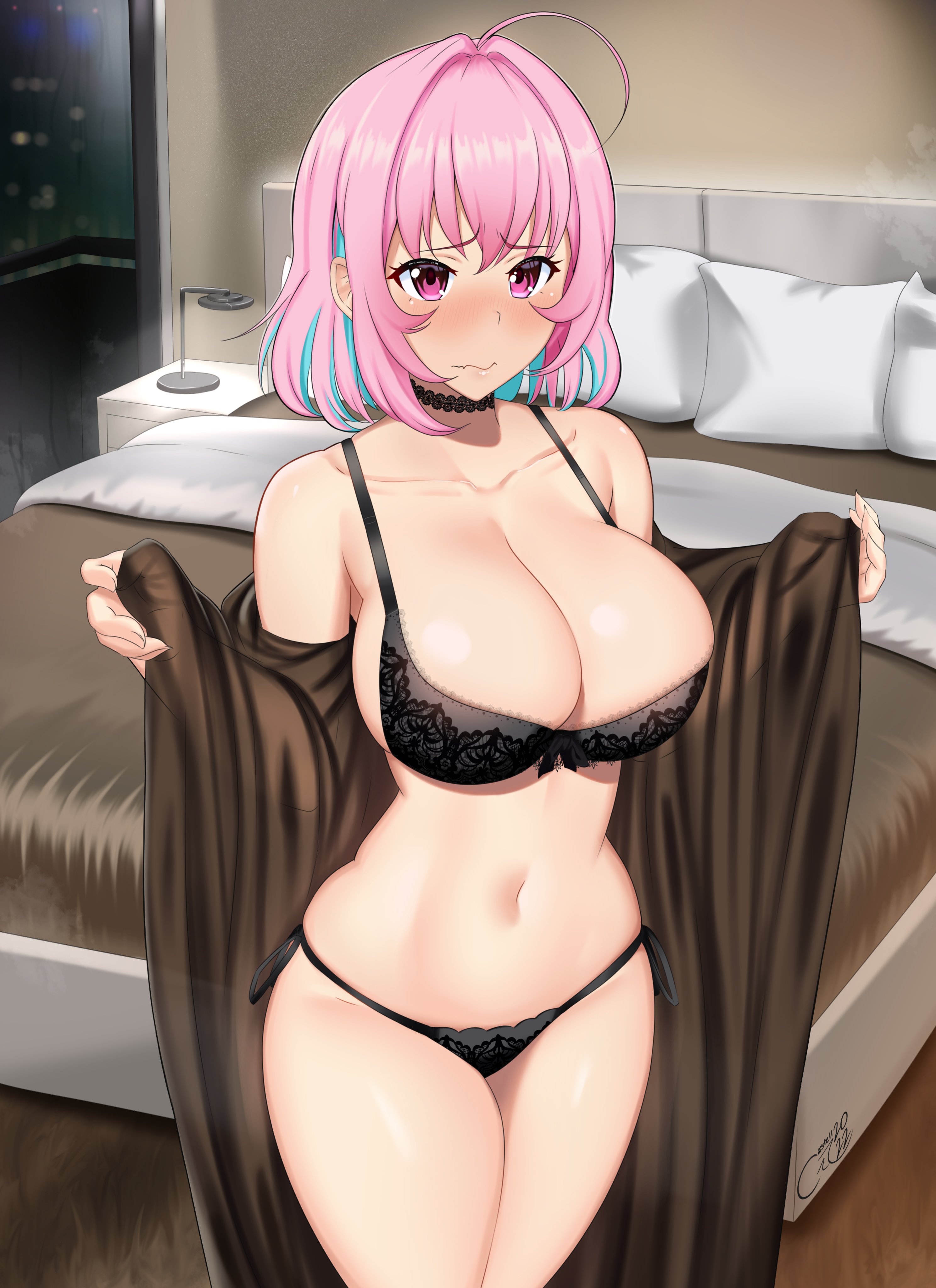 1girls, 2022, ahoge, black bra, black panties, bra, breasts, castell, choker, cleavage, commission, embarrassed, female, female only, hi res, hips, hotel room, huge breasts, idolmaster, idolmaster cinderella girls, indoors, light skin, light-skinned female, nightgown, open clothes, panties, picot trim, picot trim bra, picot trim panties, pink eyes, pink hair, short hair, shy, slim waist, solo, thick thighs, thighs, undressing, wide hips, yumemi riamu