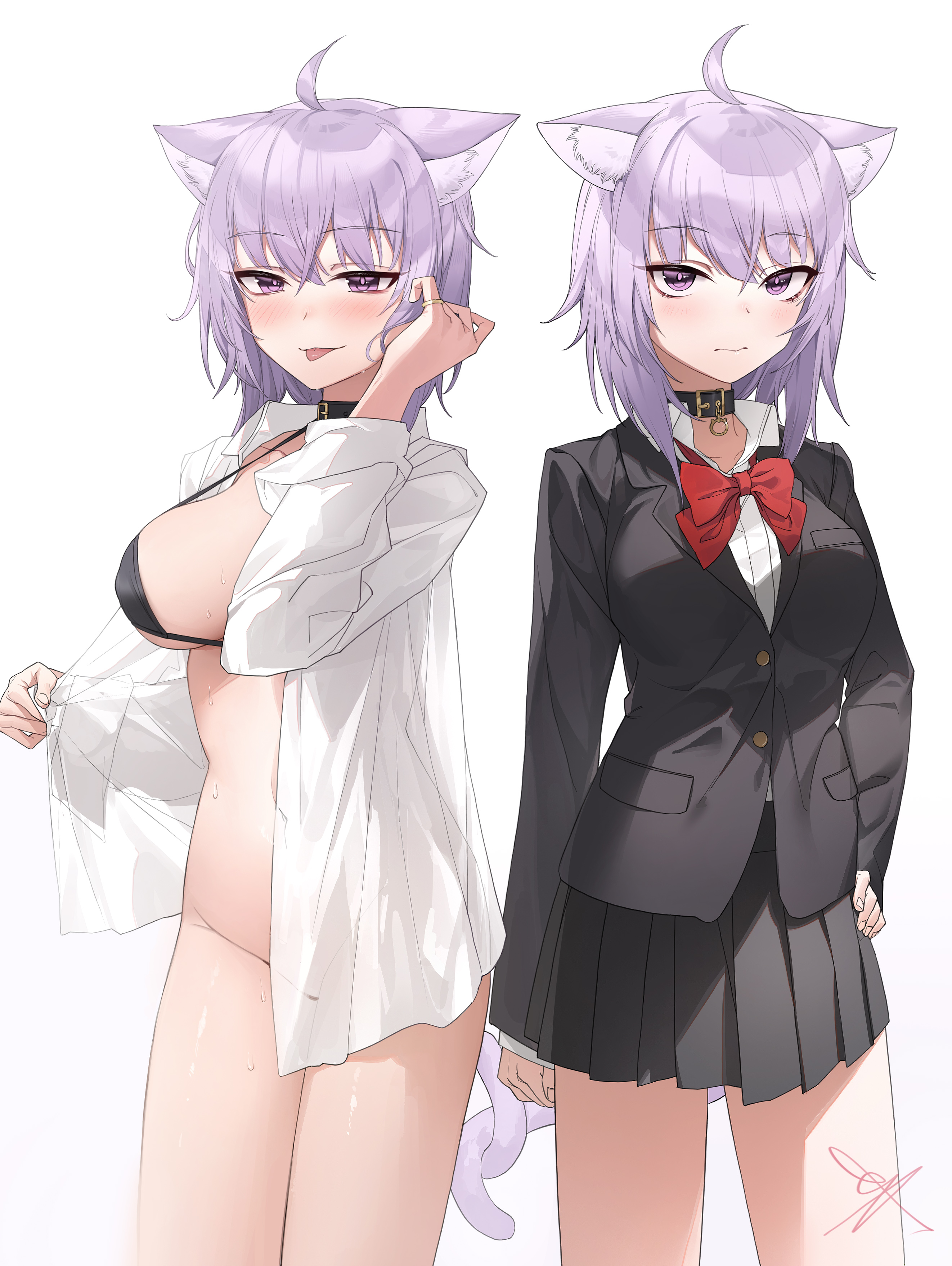:p, 2girls, absurdres, ahoge, animal ears, bangs, bikini, bikini top only, black bikini, black collar, black jacket, black skirt, black suit, blush, bow, bowtie, cat ears, cat girl, cat tail, closed mouth, collar, cowboy shot, dual persona, female, groin, hand on hip, highres, hololive, hololive gamers, hololive japan, intertwined tails, jacket, korogoro (mago0057), long sleeves, looking at viewer, multiple females, multiple girls, nekomata okayu, no panties, pleated skirt, purple eyes, purple hair, red bow, red bowtie, shirt, skirt, standing, suit, swimsuit, tail, tongue, tongue out, virtual youtuber, white shirt