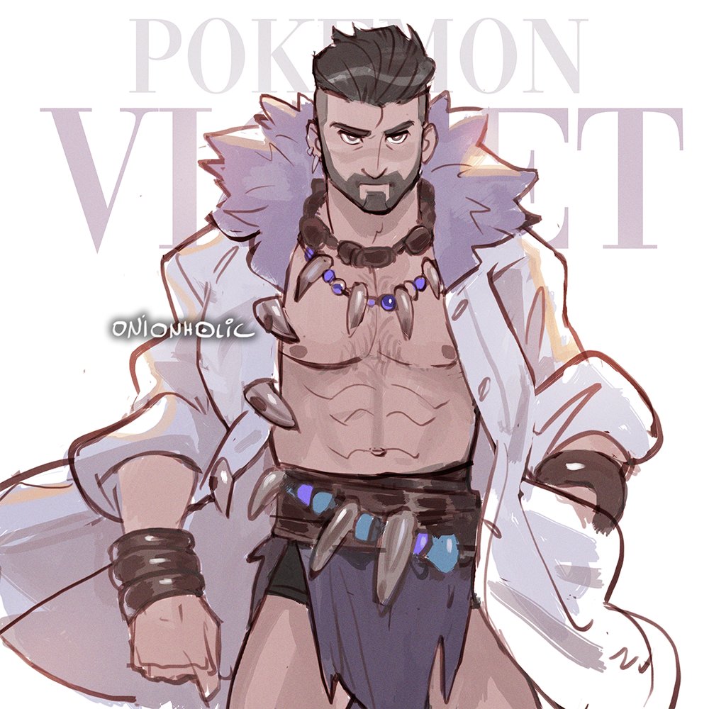 bara beard dilf facial_hair hairy loincloth male male_only muscles muscular muscular_male onion_holic open_coat pokemon pokemon_sv professor_turo rugged serious solo solo_male