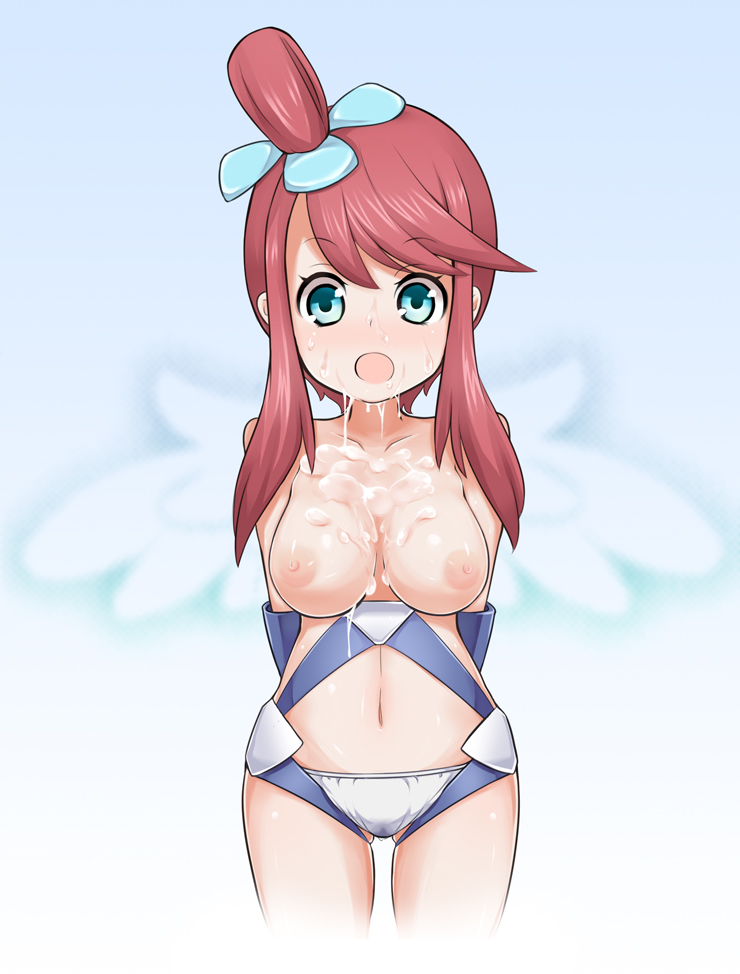 bad_id bare_shoulders blue_eyes blush breasts bukkake coldfront cum cum_on_body cum_on_breasts cum_on_upper_body facial female female_only green_eyes gym_leader human long_hair navel nintendo nipples no_pants open_mouth panties pokemon pokemon_bw ponytail pussy_juice red_hair side_ponytail skyla_(pokemon) solo sweat tied_hair underwear wet_panties