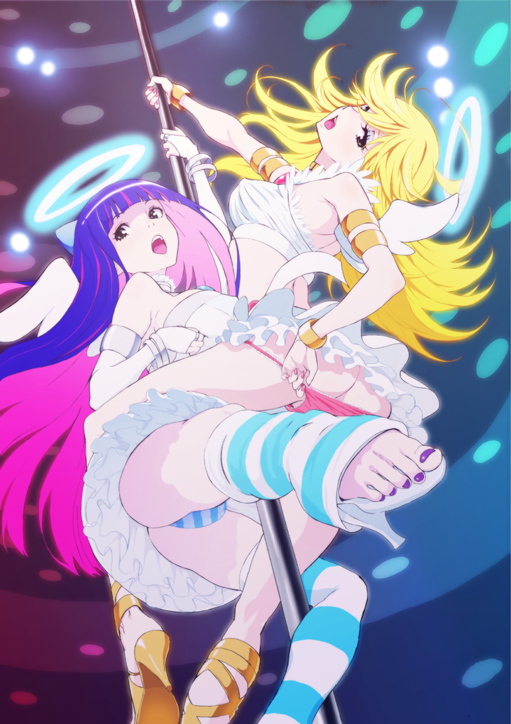 2girls angel angel_wings armband ass bare_shoulders blonde_hair feet female female_only foreshortening halo jewelry long_hair multicolored_hair multiple_girls nail_polish nekoi_mie open_mouth panties panty_&_stocking_with_garterbelt panty_anarchy pink_nails pole pole_dancing purple_nails siblings sisters stocking_anarchy striped striped_panties stripper stripper_pole thighhighs toenail_polish toes two_tone_hair underwear undressing wings