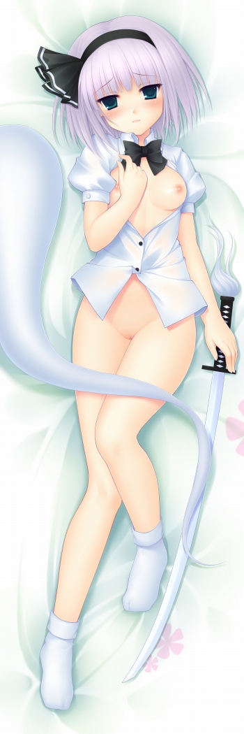 anklehighs blue_eyes blush breasts censored dakemakura-koubou dakimakura ghost hairband katana myon pussy short_hair silver_hair socks source_request sword tagme touhou turn_cuff_socks weapon white_socks youmu_konpaku youmu_konpaku_(ghost)