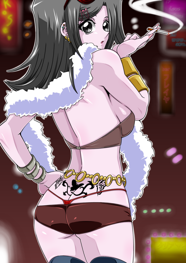 ass ass_cleavage bangle black_hair boa butt_crack chain_belt cigarette hair_ornament hairclip kitamori_reiko looking_back panties prostitution short_shorts shorts smoking straw_(artist) tattoo thighhighs thong thong_above_shorts underwear whale_tail yu-gi-oh! yu-gi-oh!_r