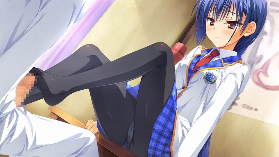 blue_hair blush censored feet footjob game_cg muririn nagamitsu_maya no_shoes noble_works panties pantyhose penis pink_eyes school_uniform seifuku skirt underwear